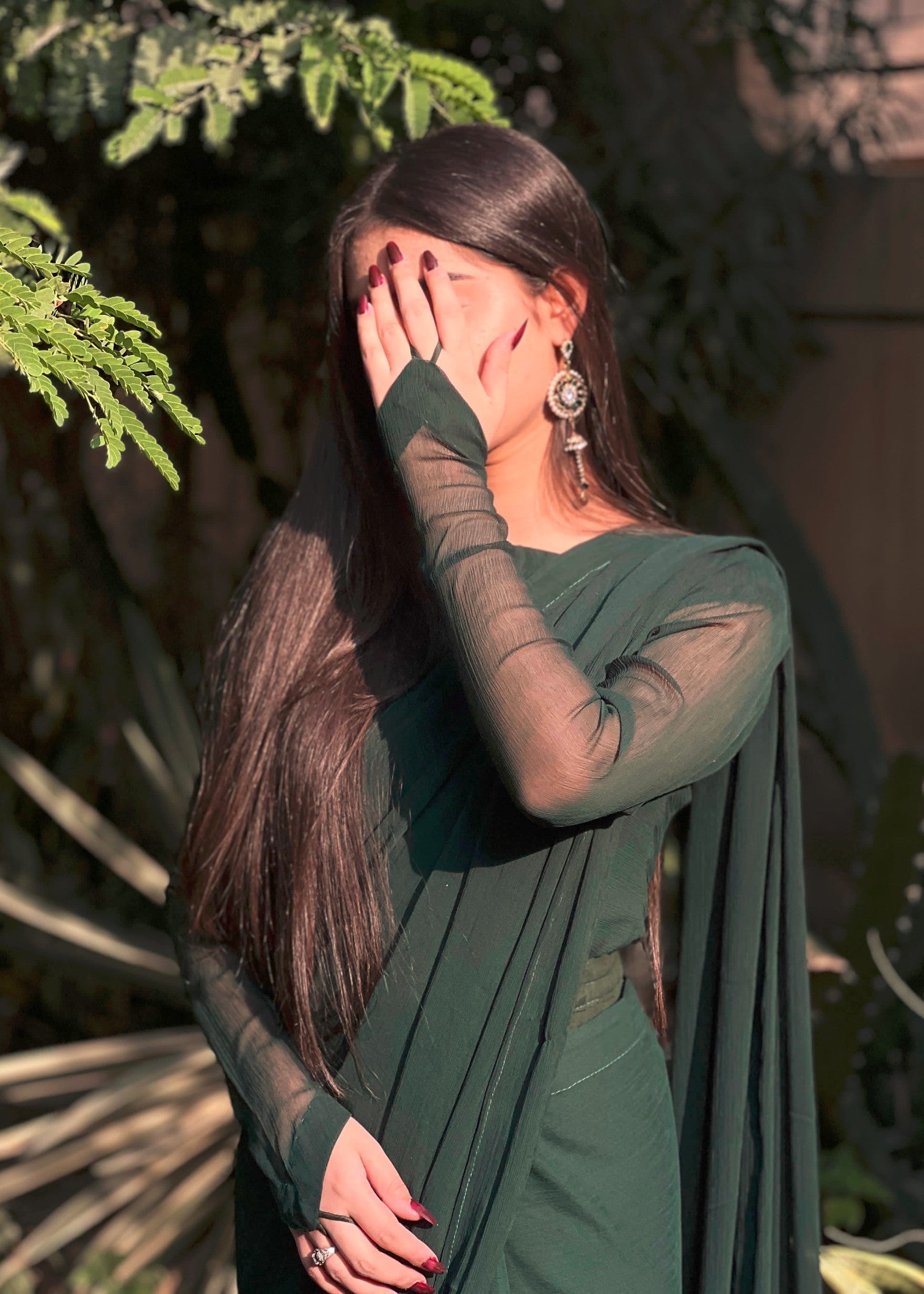 chiffon Saree in Bottle green