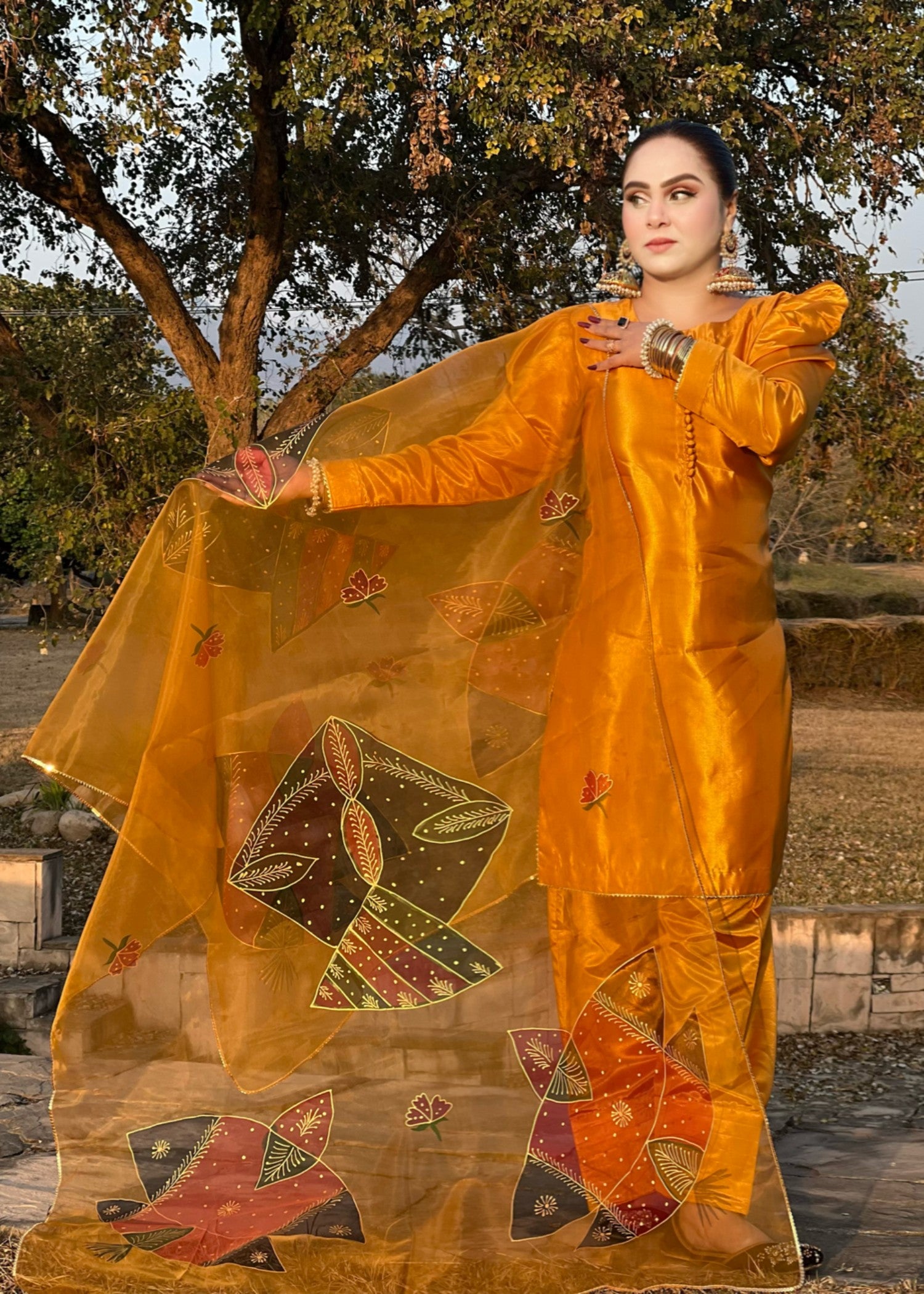 silk Kurta Set in Carrot orange