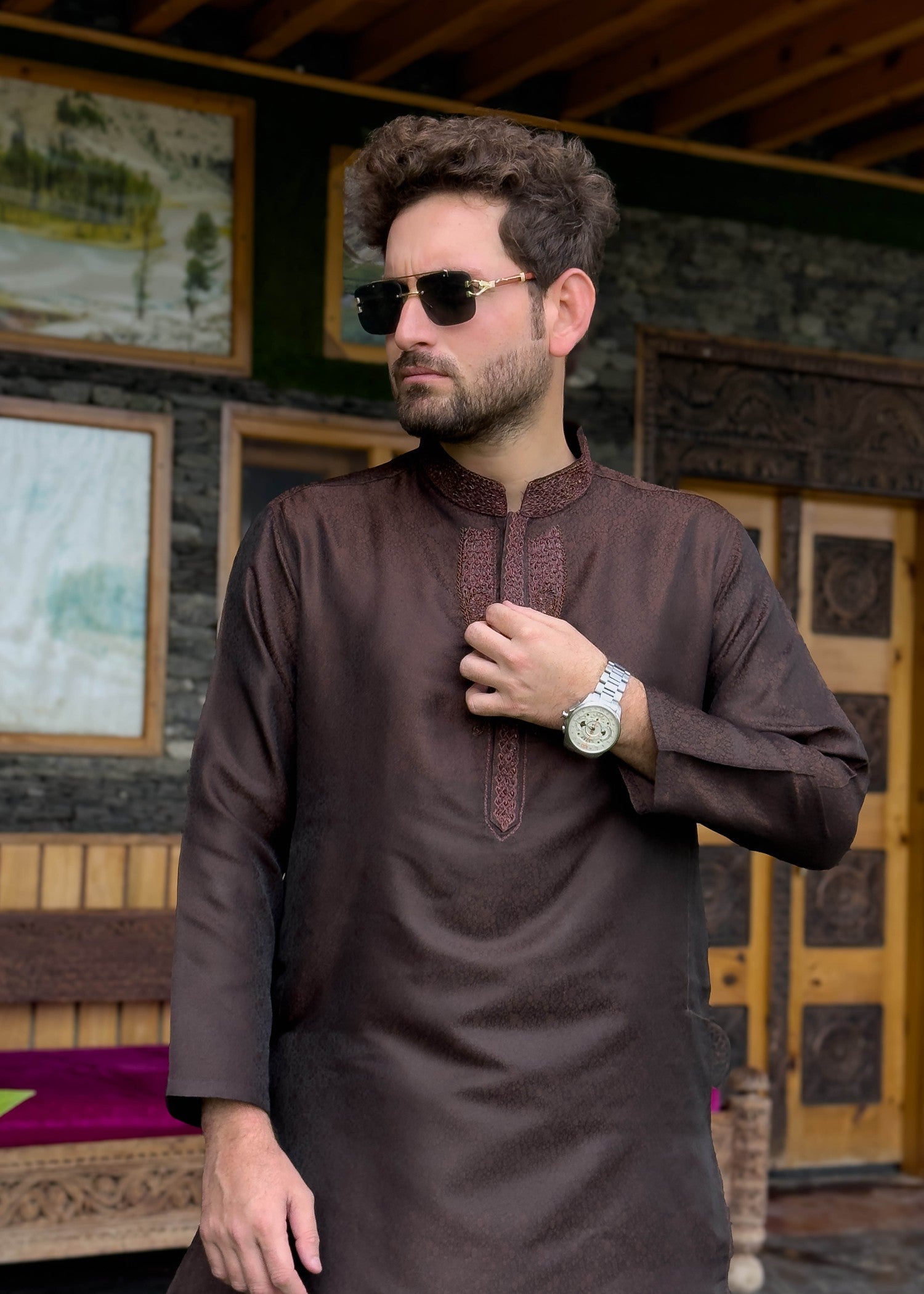 traditional jamawar Kurta in Cinnamon brown