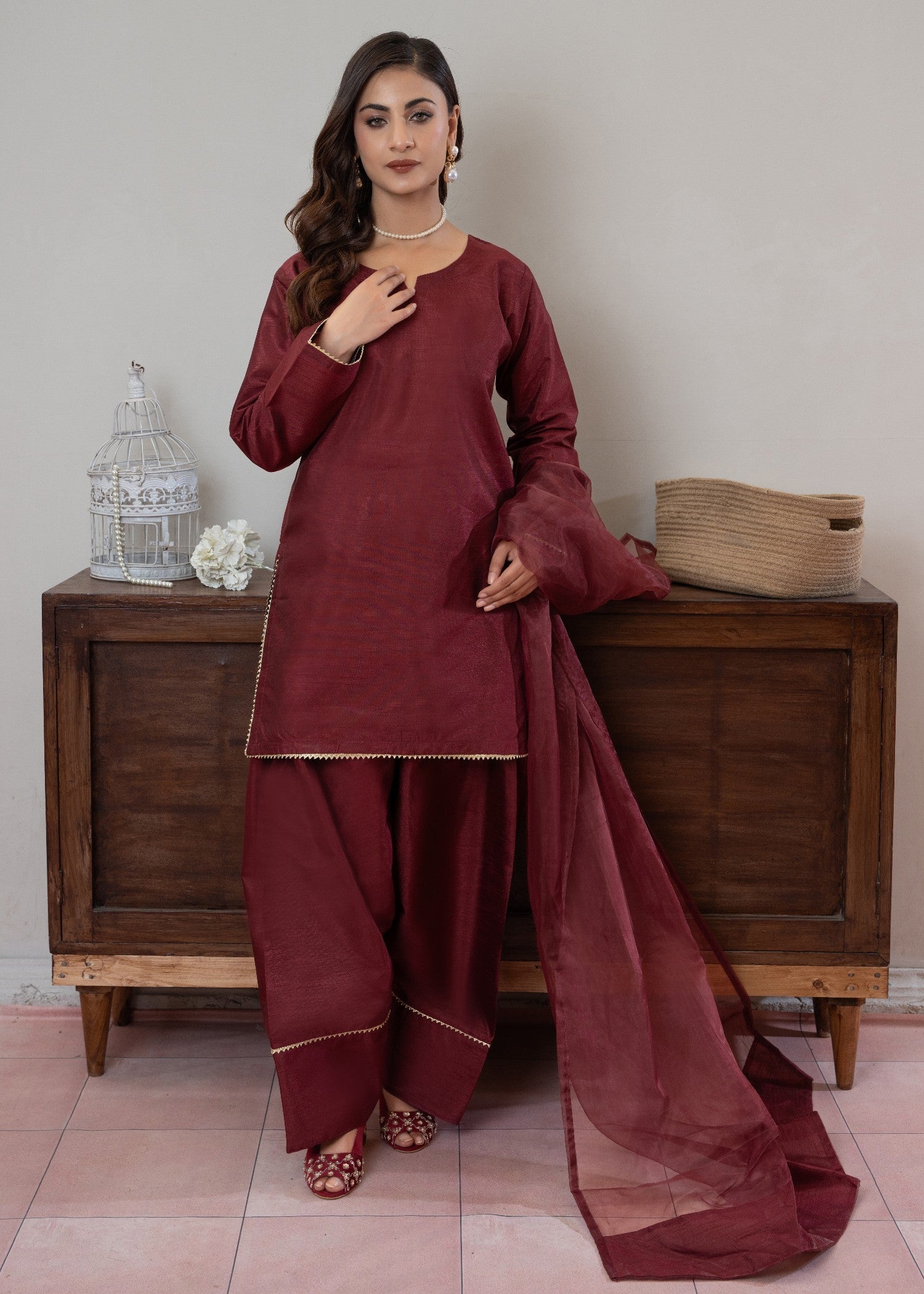 raw silk Kurta Set in Wine