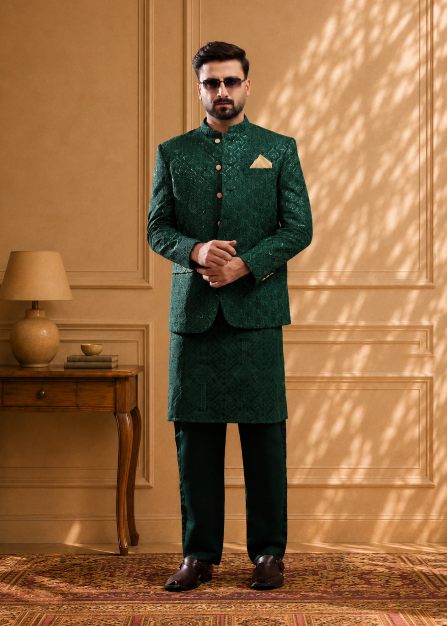 jamawar Prince Coat in Dark green