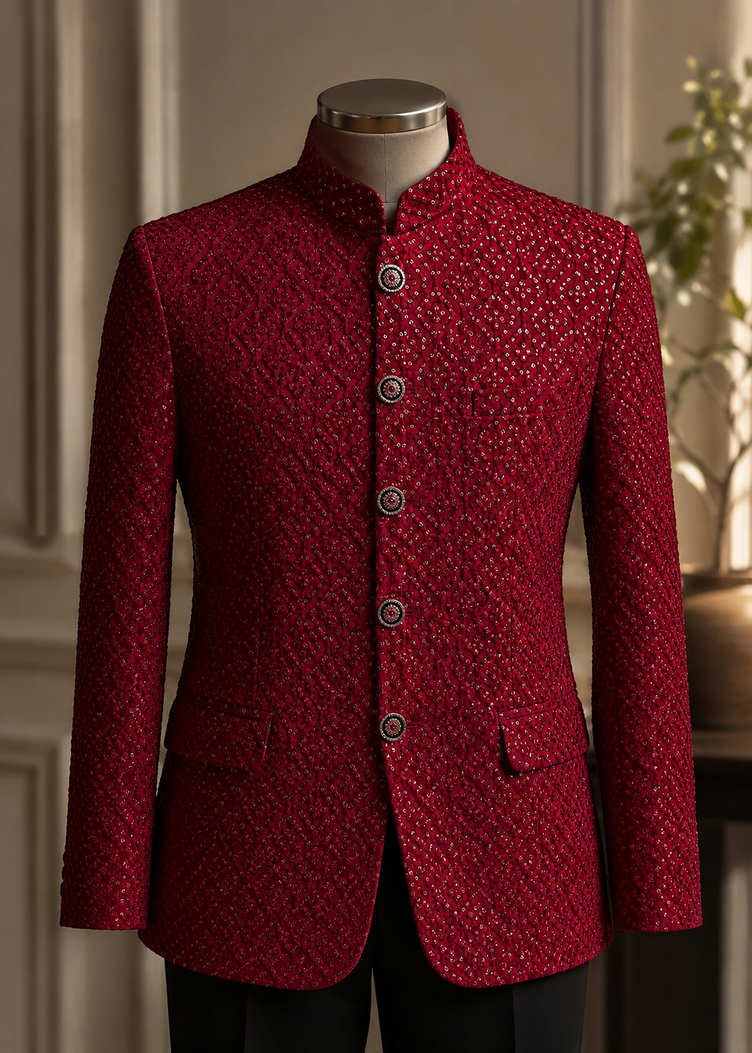 raw silk Prince Coat in Red, maroon