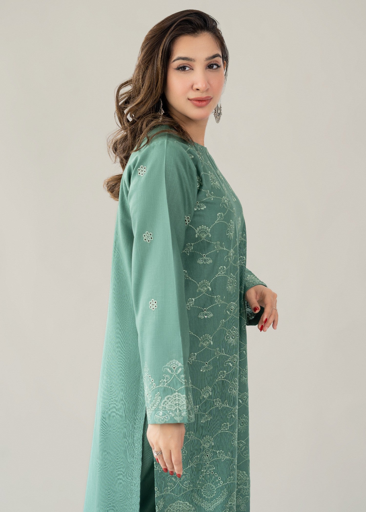 slub khaddar Kurta Set in Sea green
