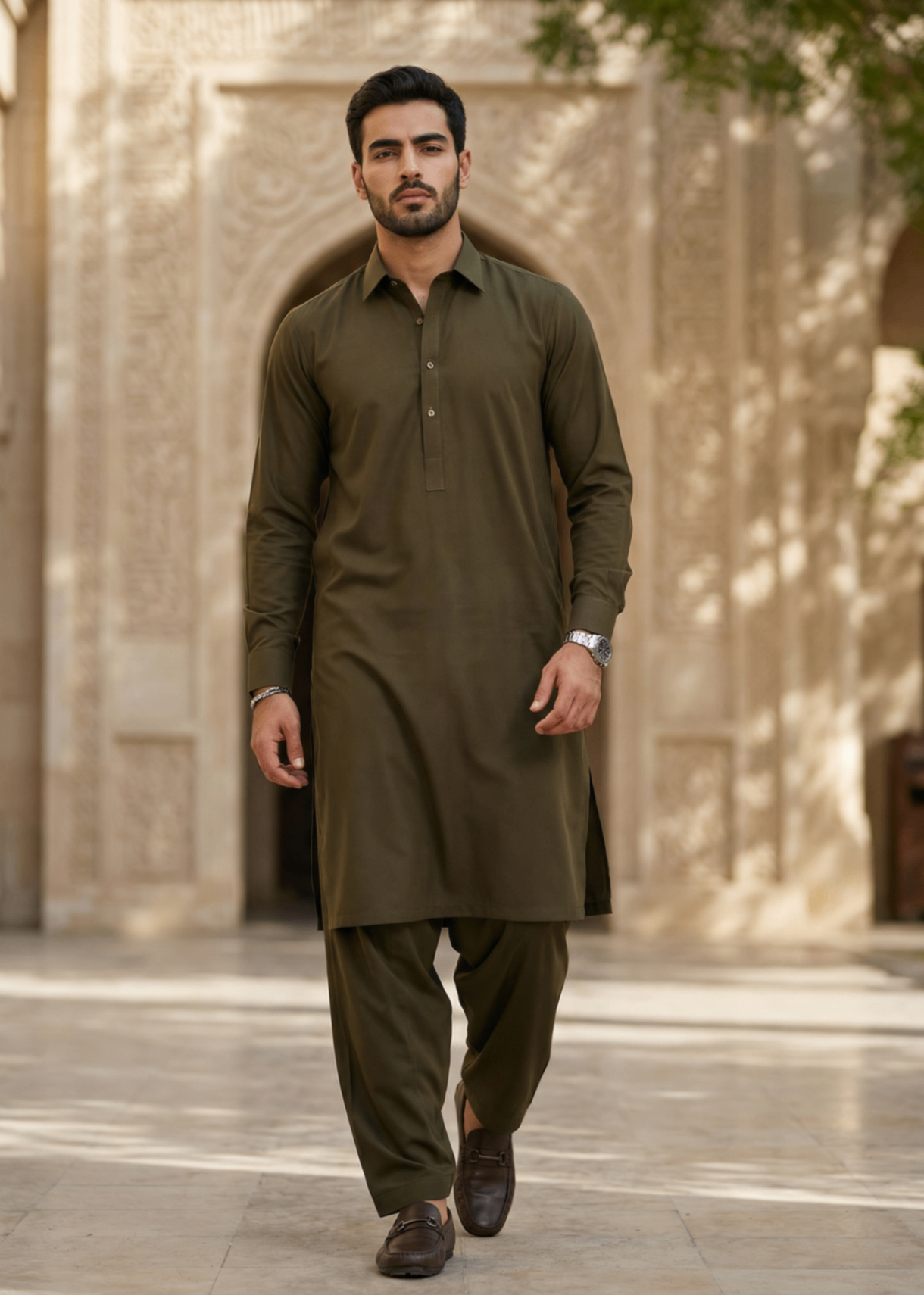 wash & wear Shalwar Kameez in Olive green