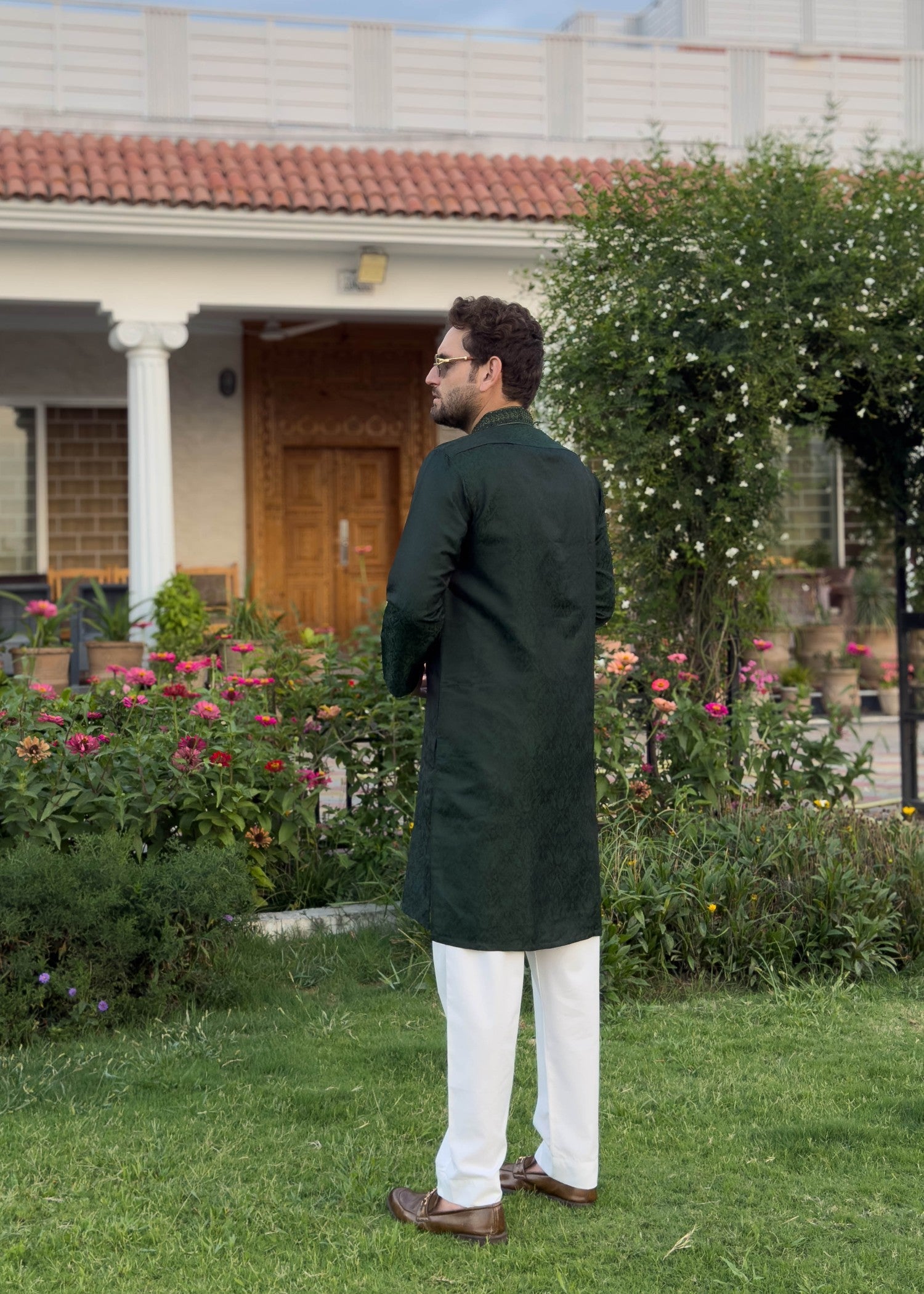 traditional jamawar Kurta in Dark green