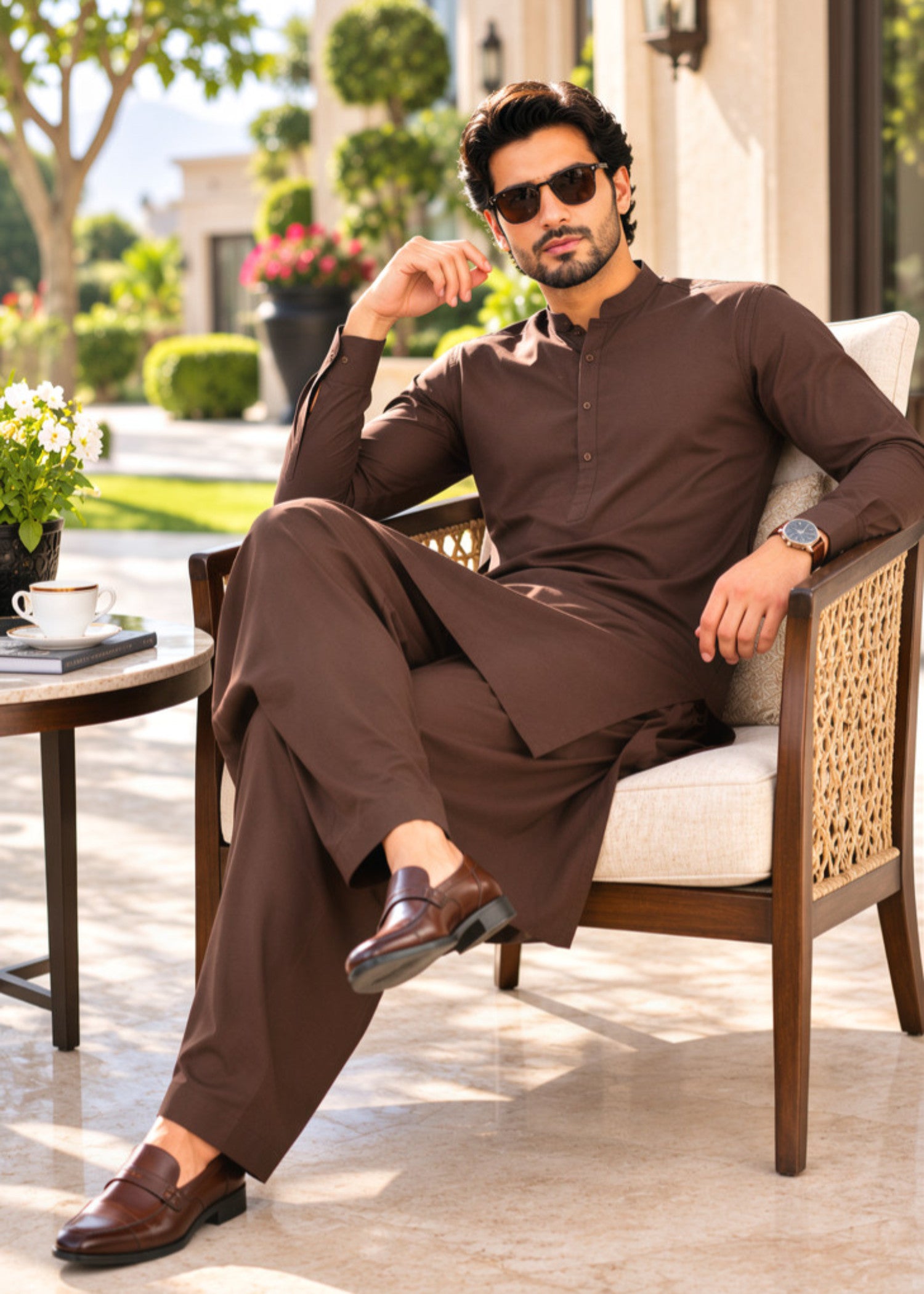 wash & wear Shalwar Kameez in Chocolate brown by Waqar Mustafa
