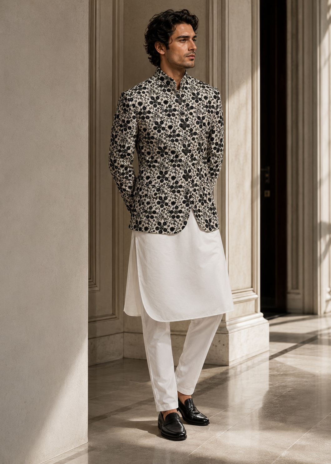 silk Prince Coat in White, black