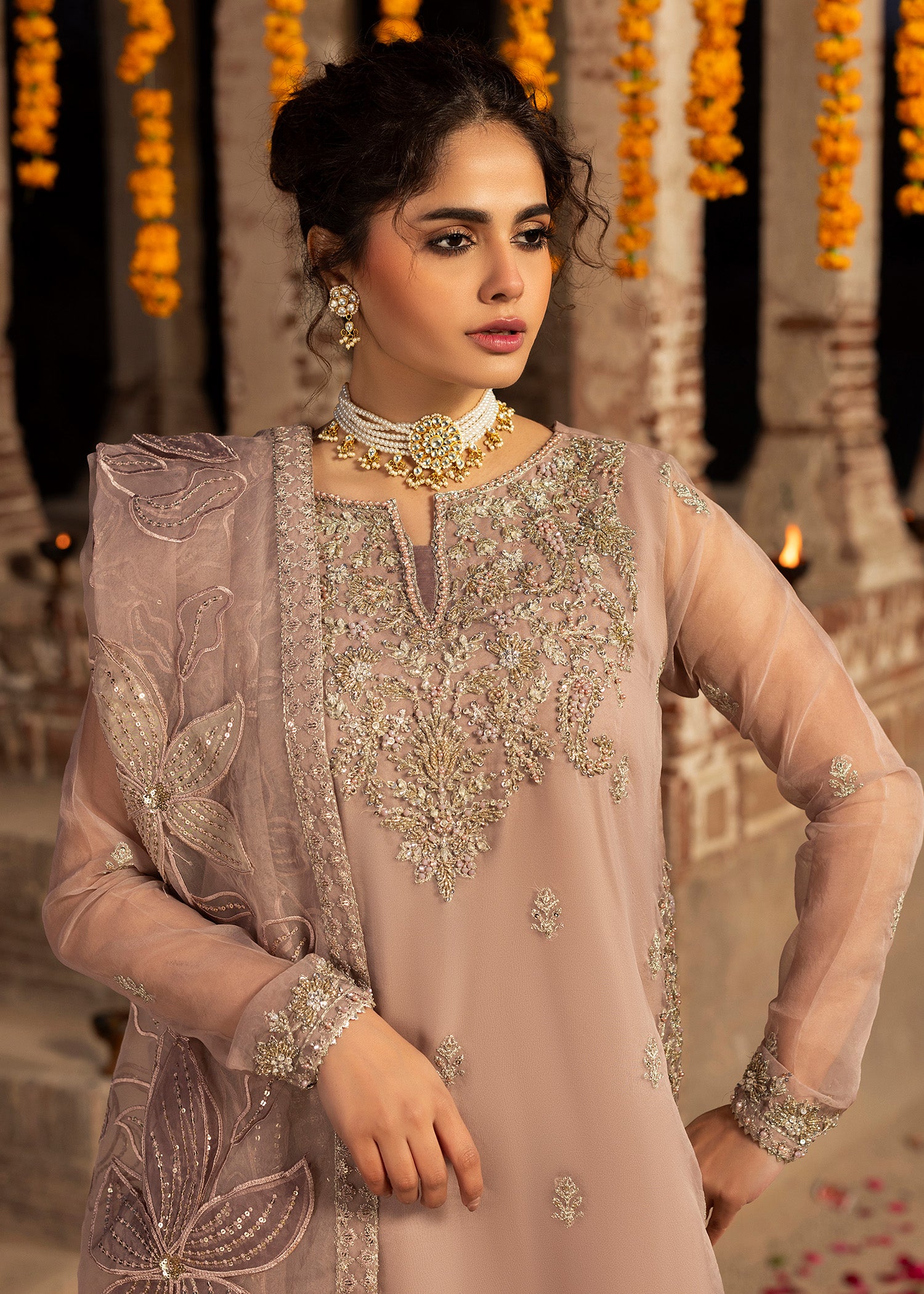 organza Gharara in Tea rose pink