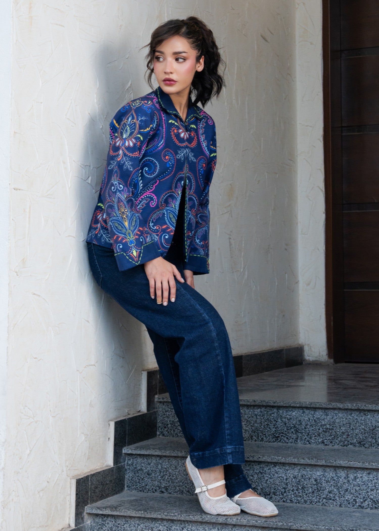 slub khaddar Jacket in Blue