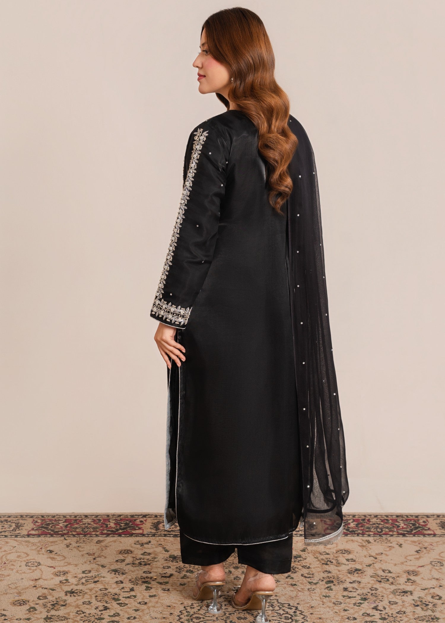 satin silk Kurta Set in Black
