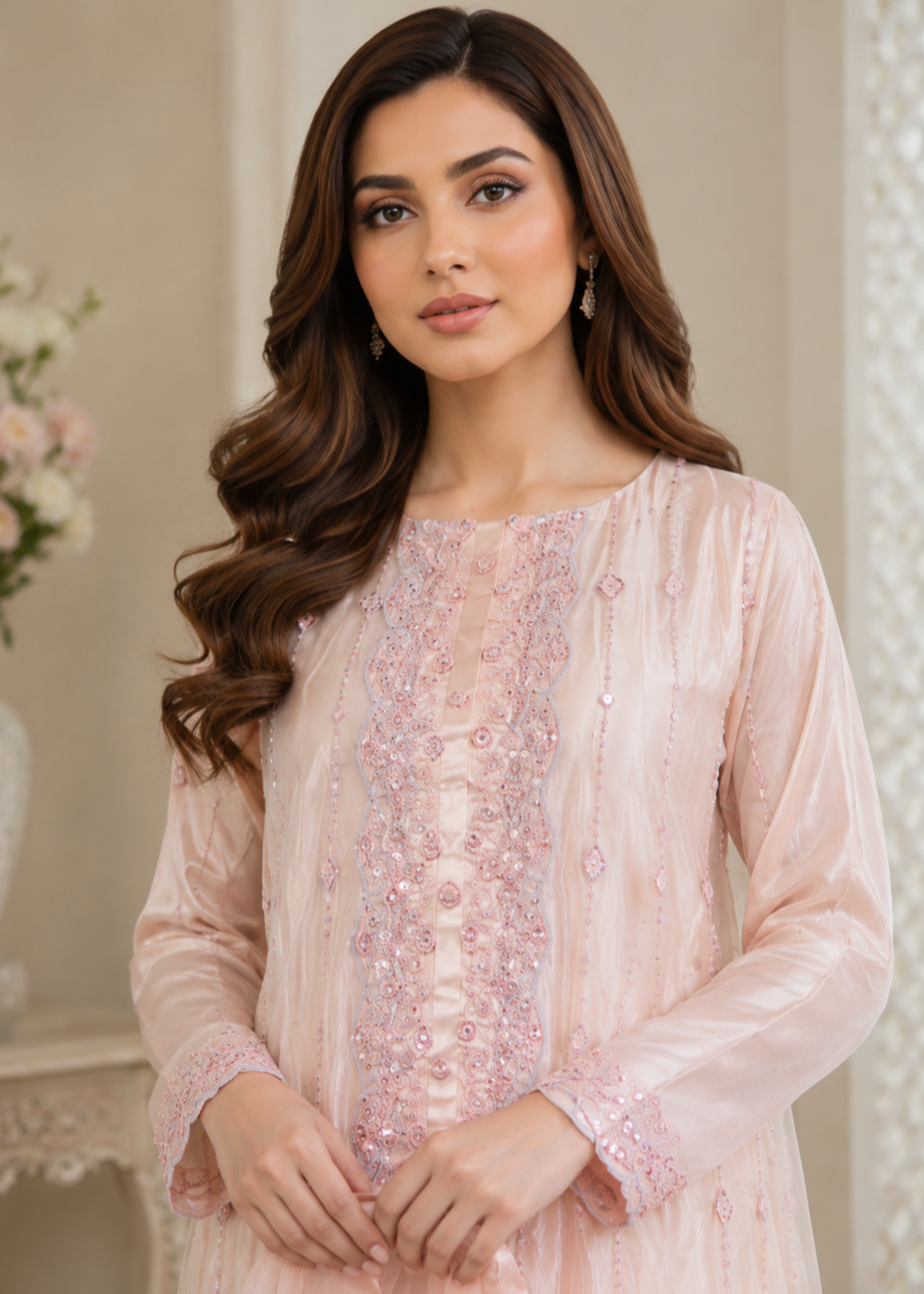 net Pishwas in Peach pink