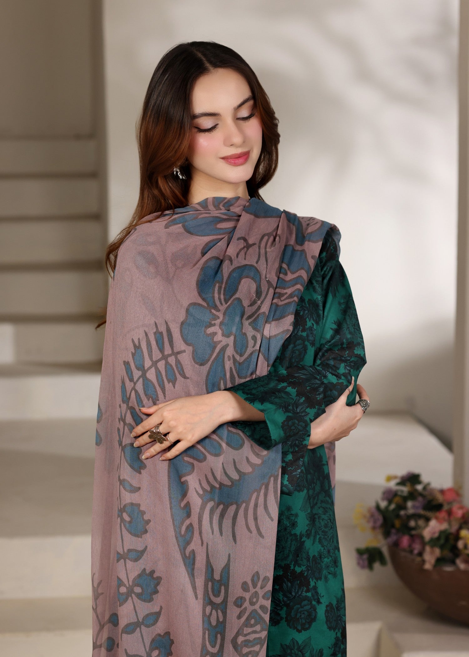 lawn Kurta Set in Dark green, sea green