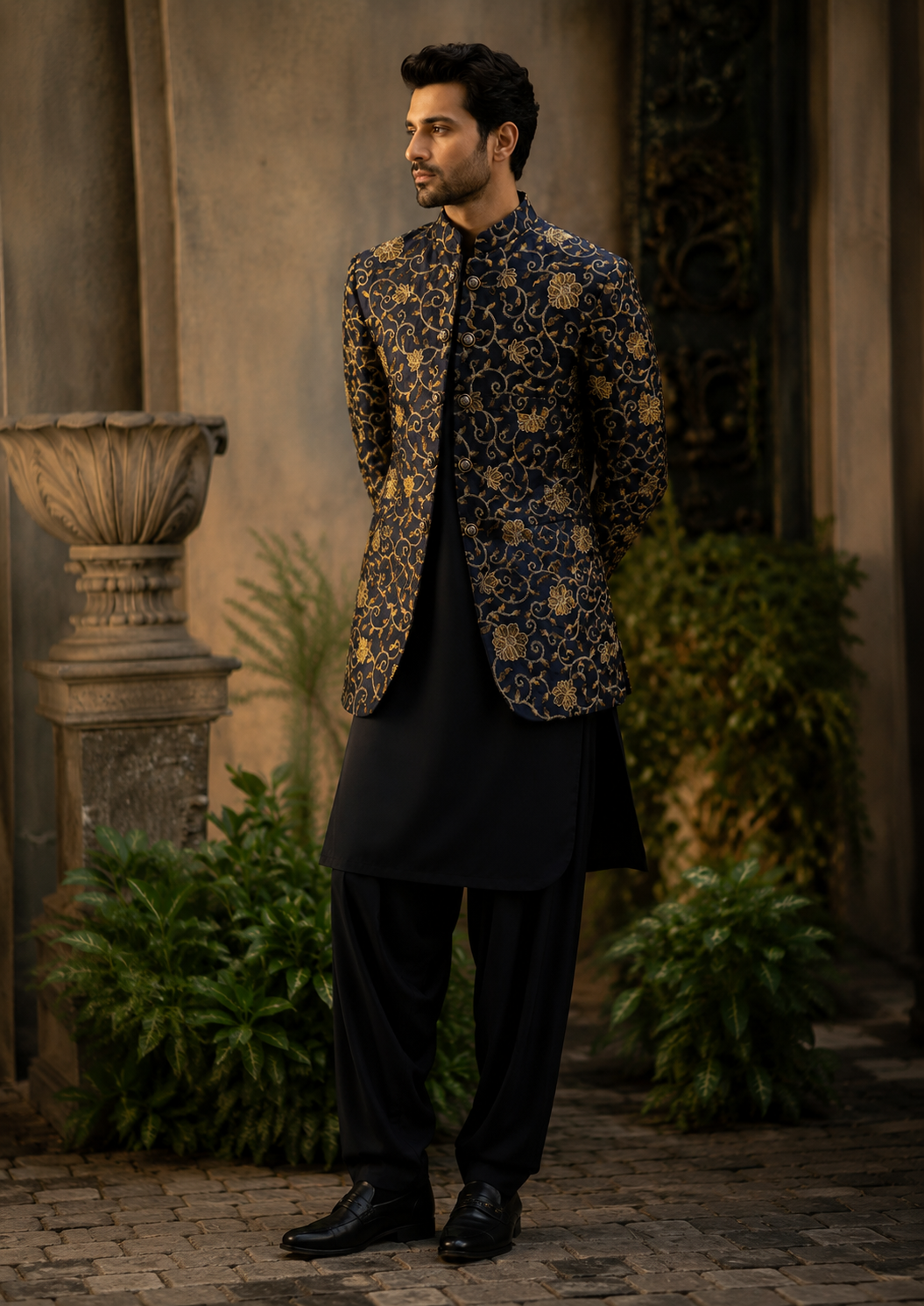 raw silk Prince Coat in Navy blue