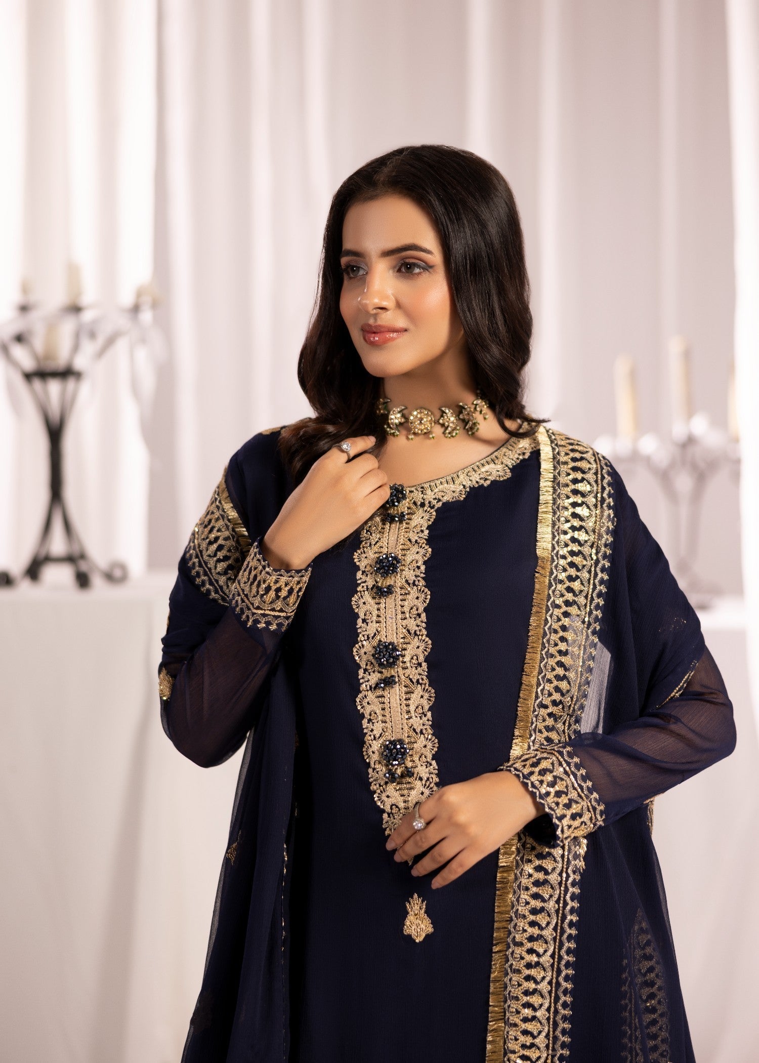 bemberg crinkle chiffon Kurta Set in Navy blue