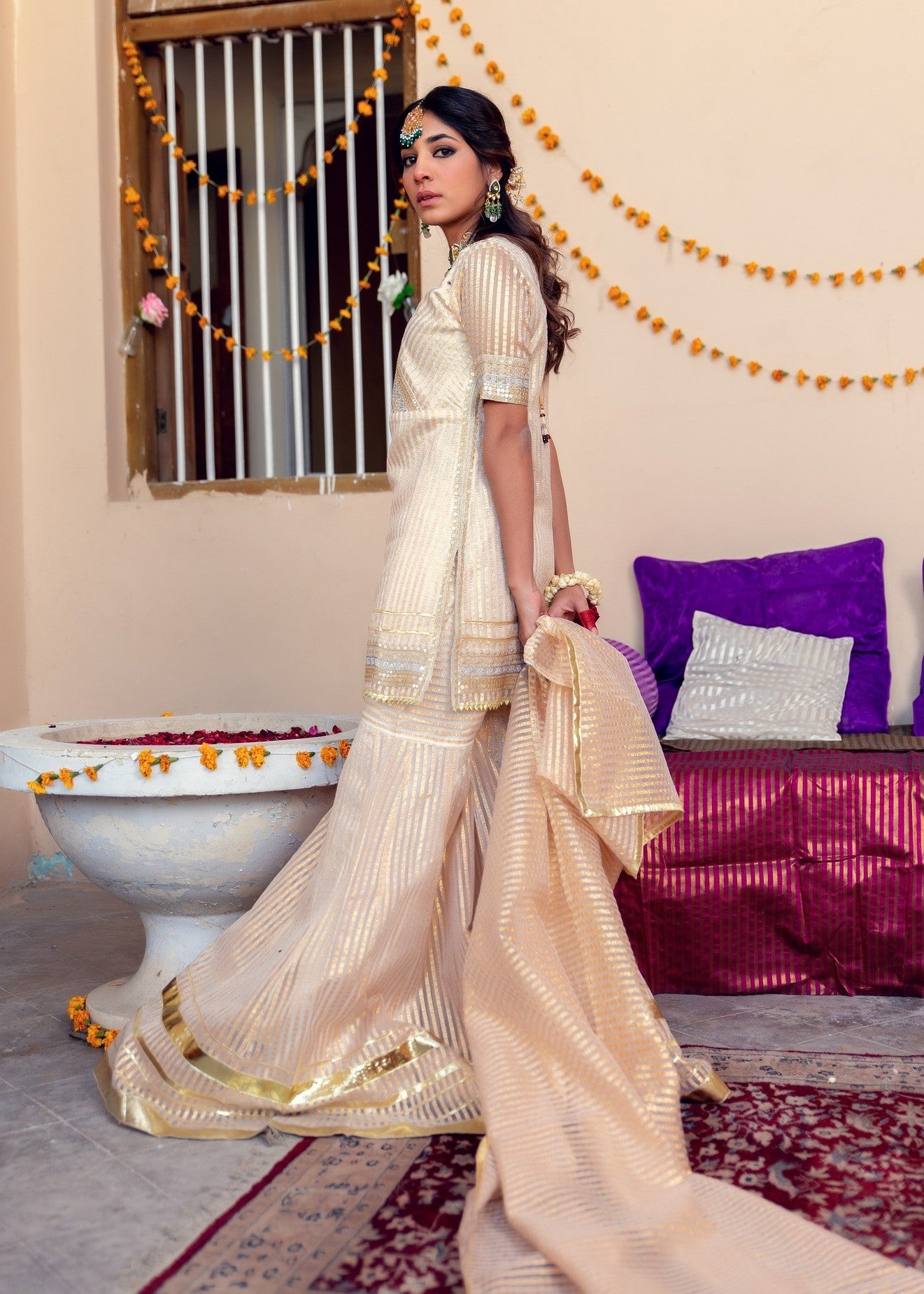 organza Gharara in Gold