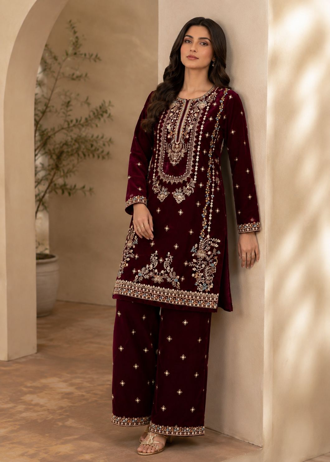 chinese micro velvet 9000 Kurta Set in Maroon