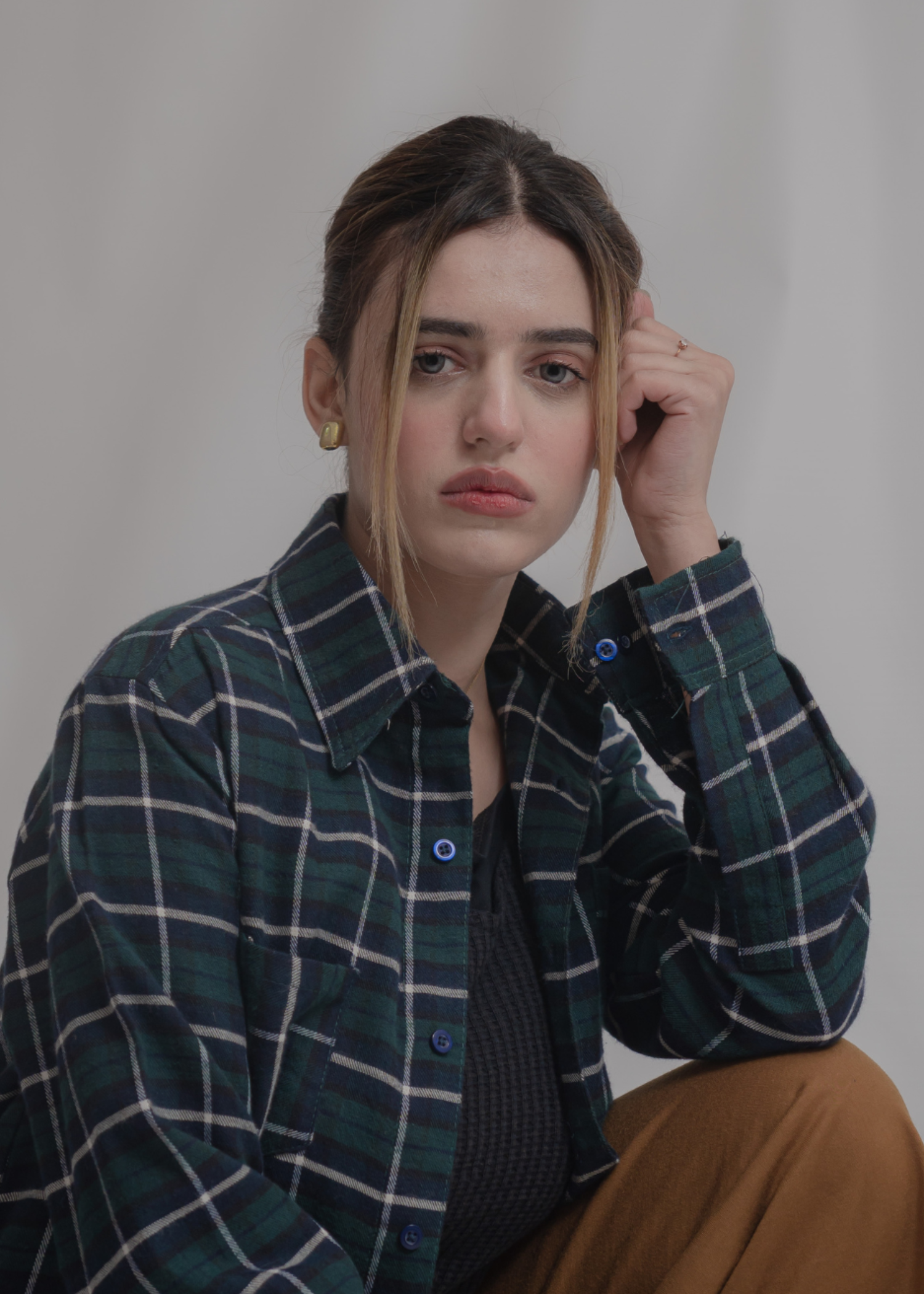 flannel Top in Dark blue, dark green, white