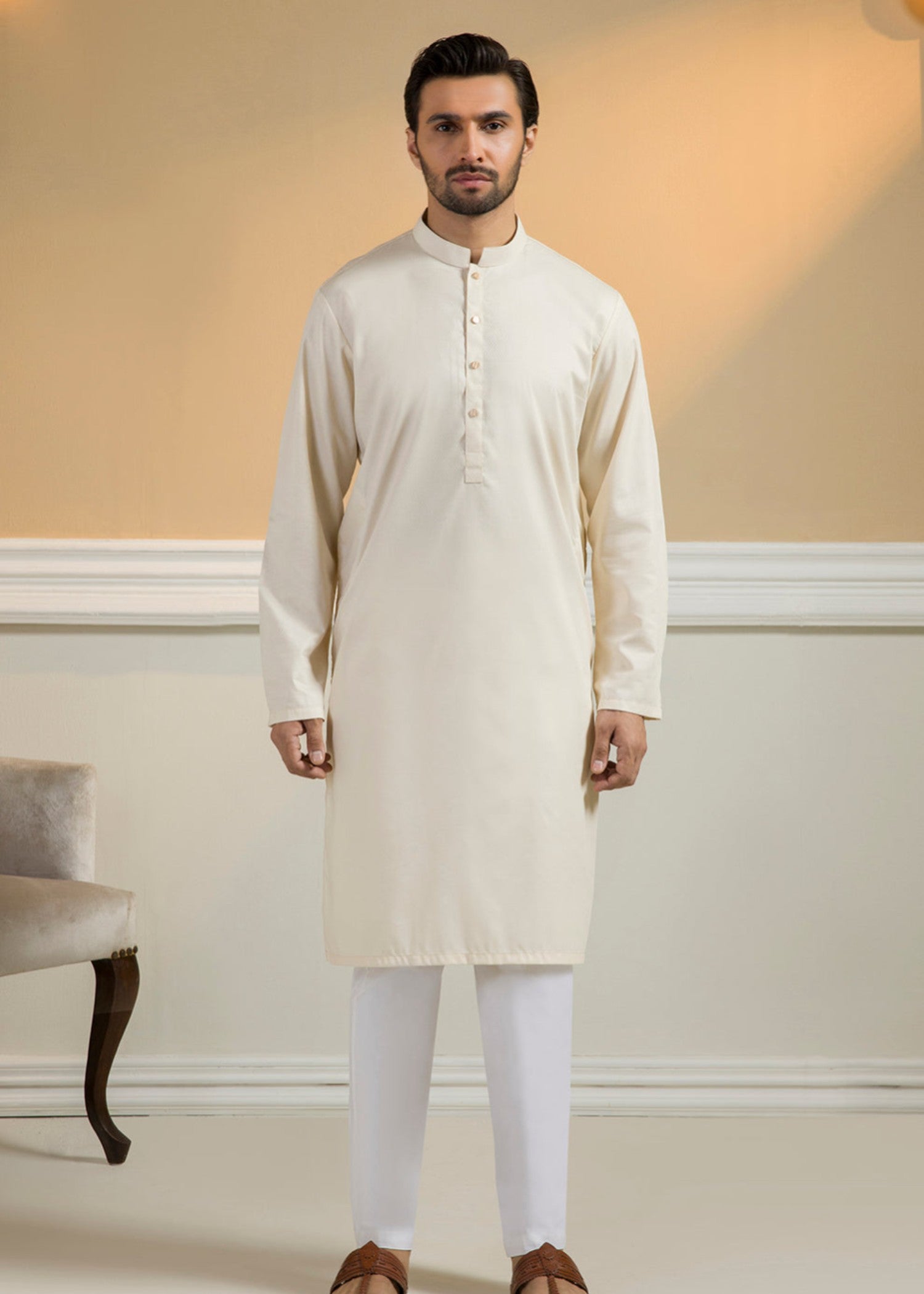 dobby Kurta in Cream by Zellbury