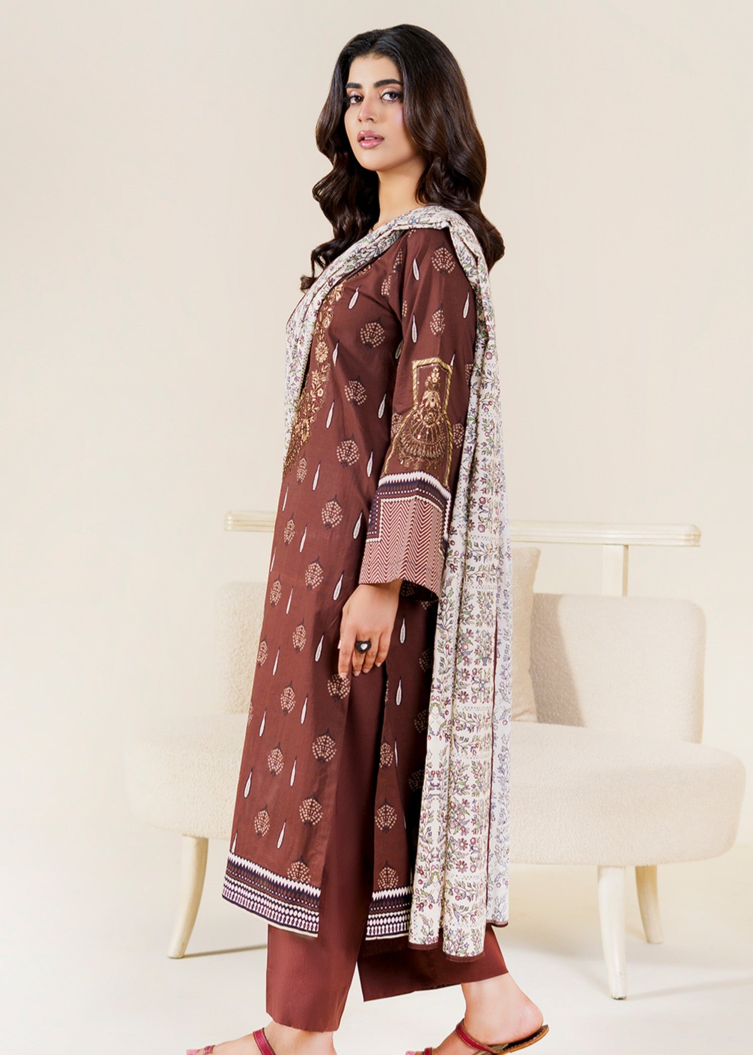 lawn Kurta Set in Coffee brown