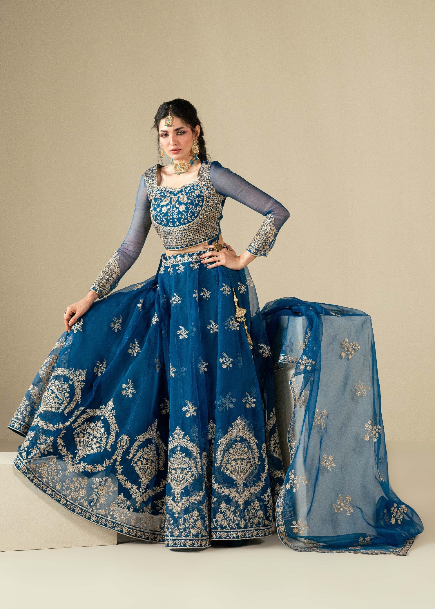 organza Lehenga in Sapphire blue