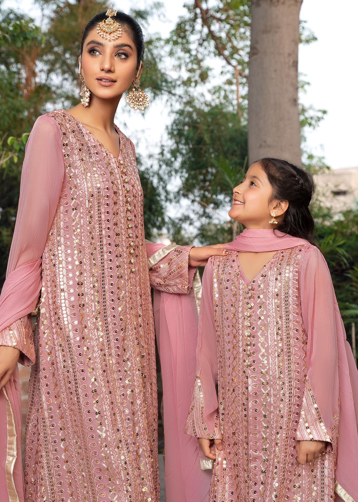 chikankari cotton Gown in Tea rose pink