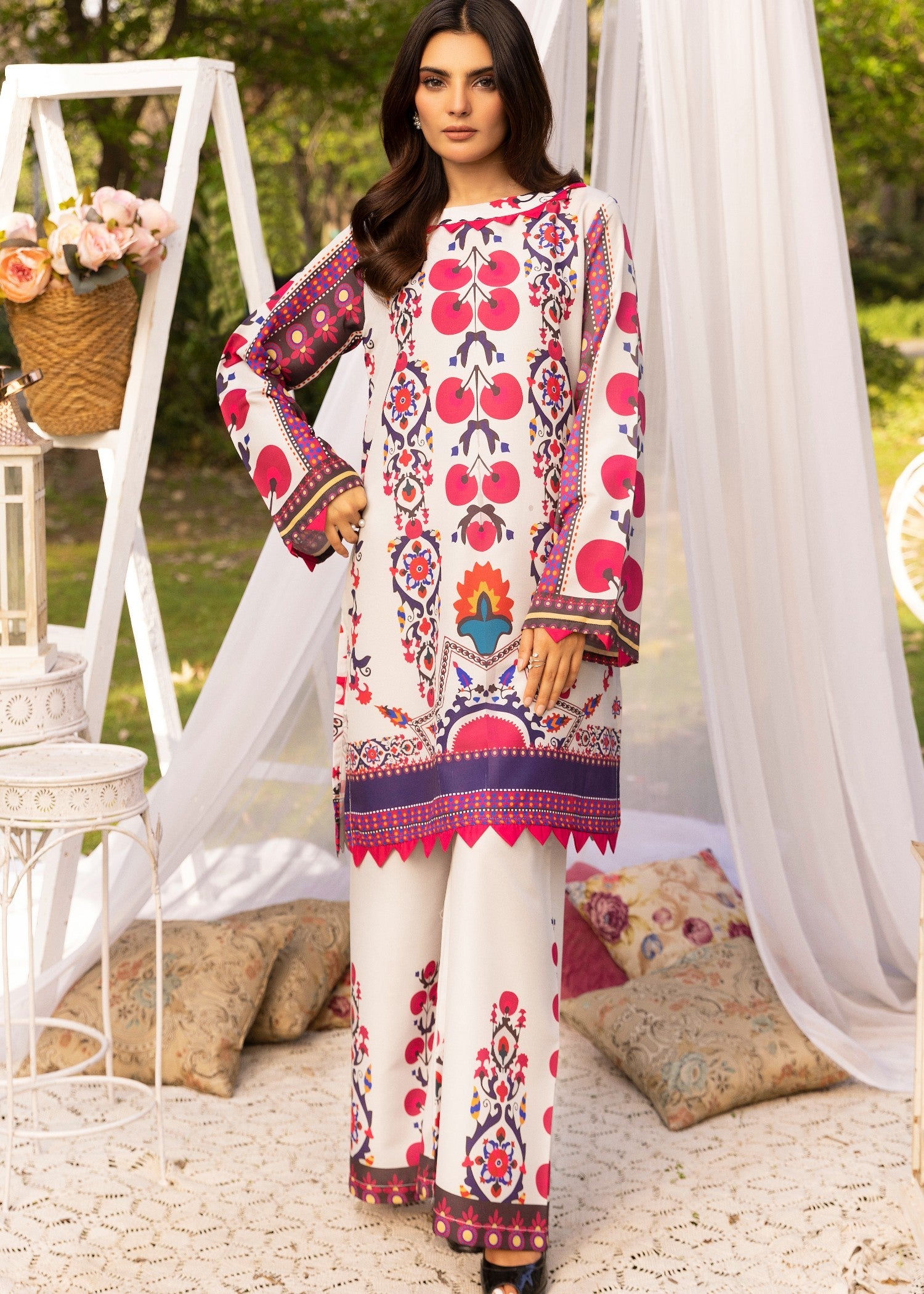 lawn Co Ord Sets in White, hot pink red