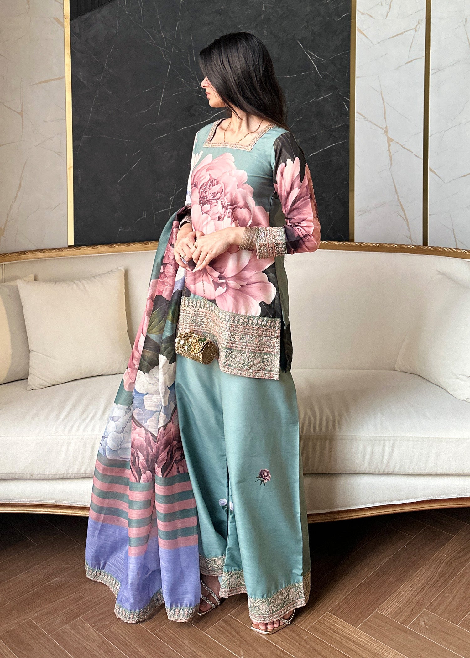 raw silk Kurta Set in Sage green