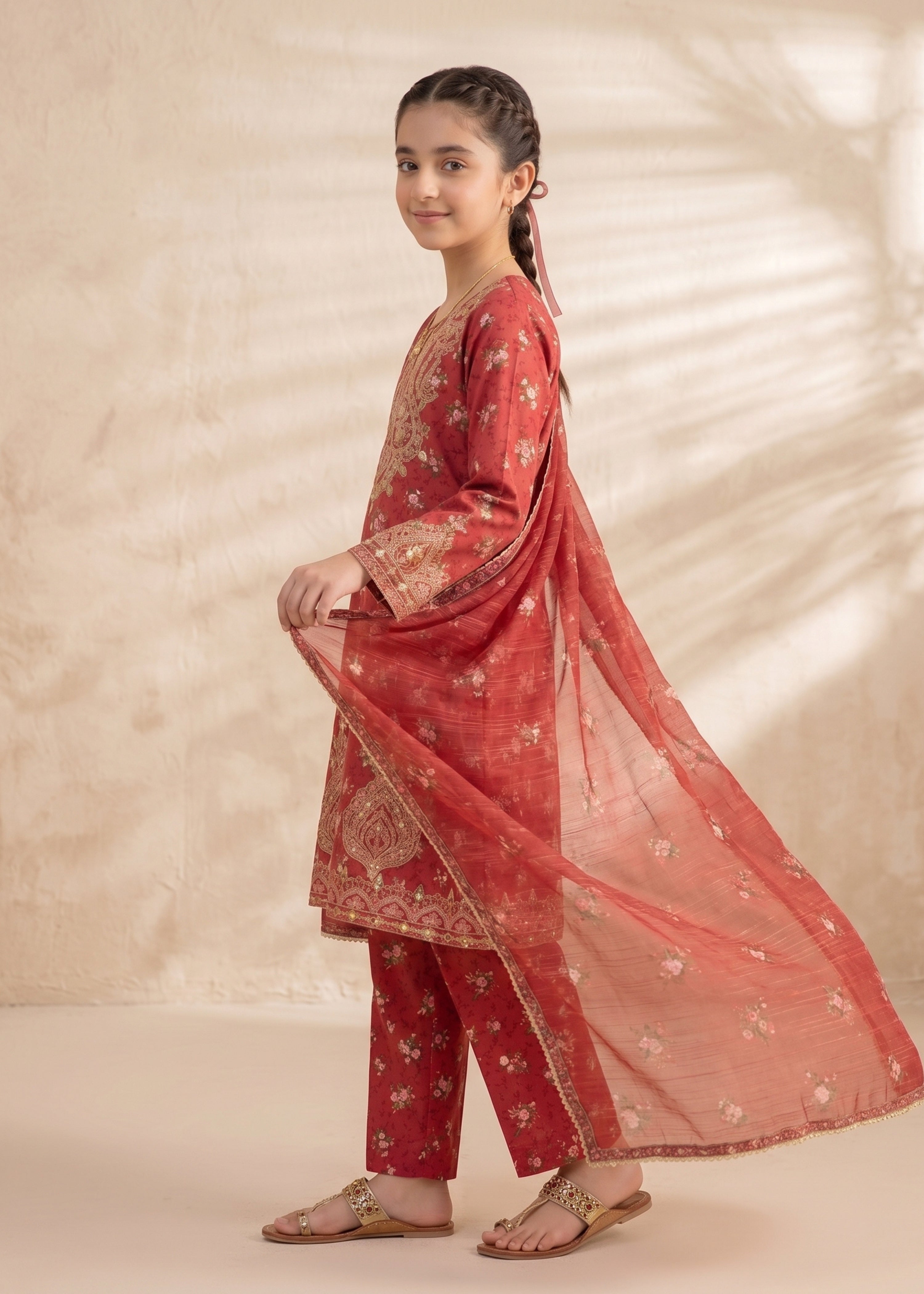 lawn Short Frock in Red
