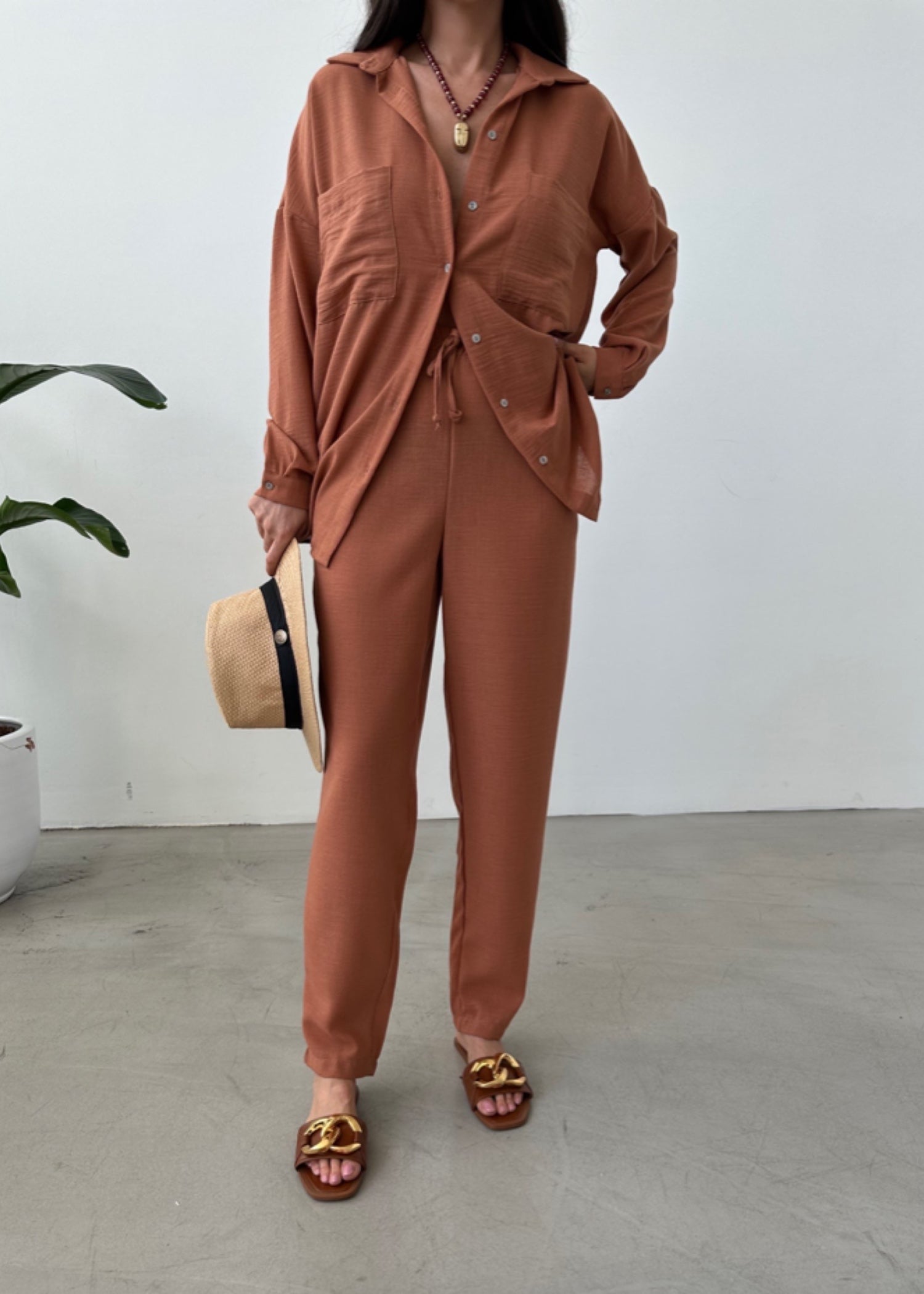 blended linen Co Ord Sets in Chocolate brown