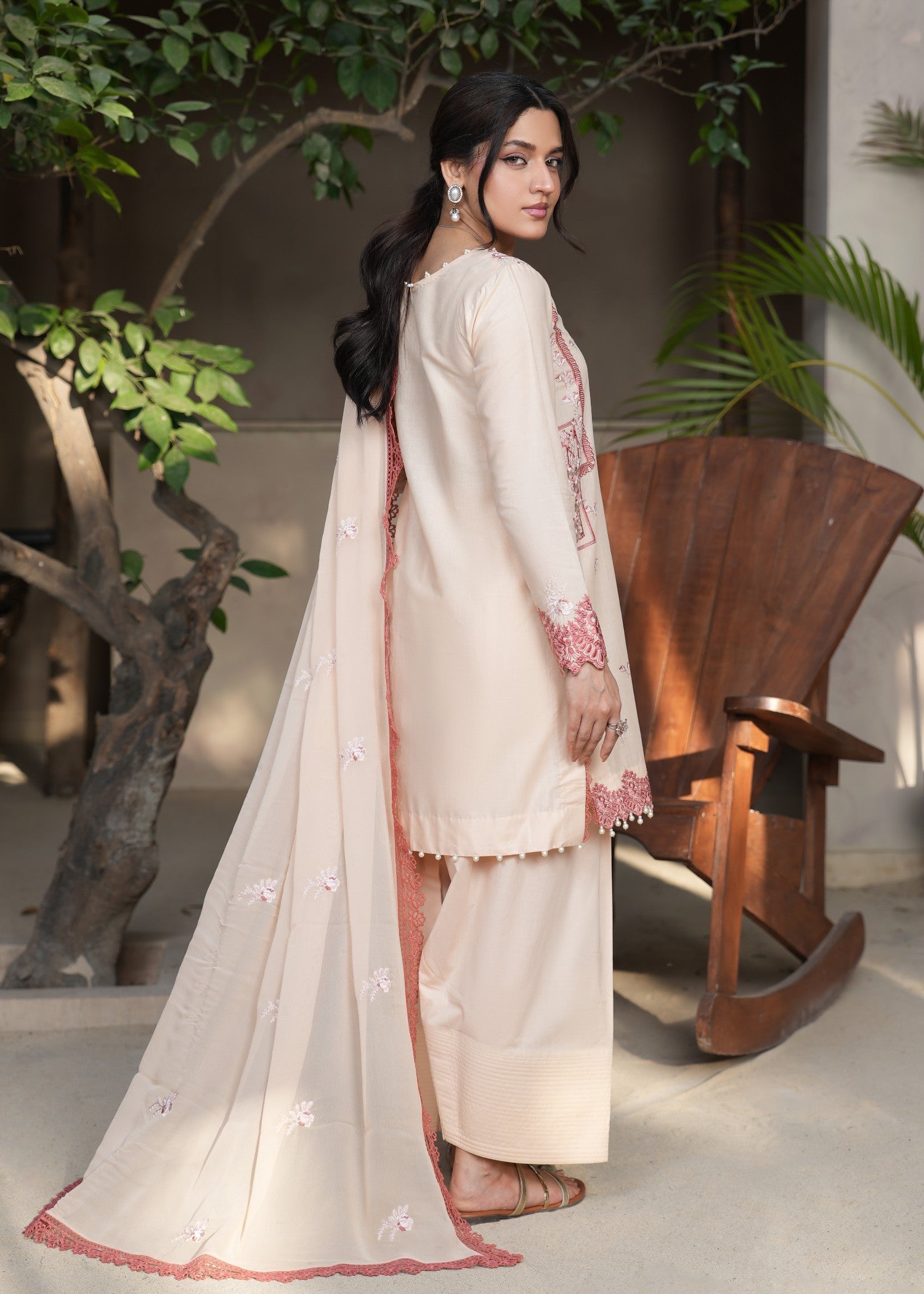 lawn Kurta Set in Apricot orange, peach pink