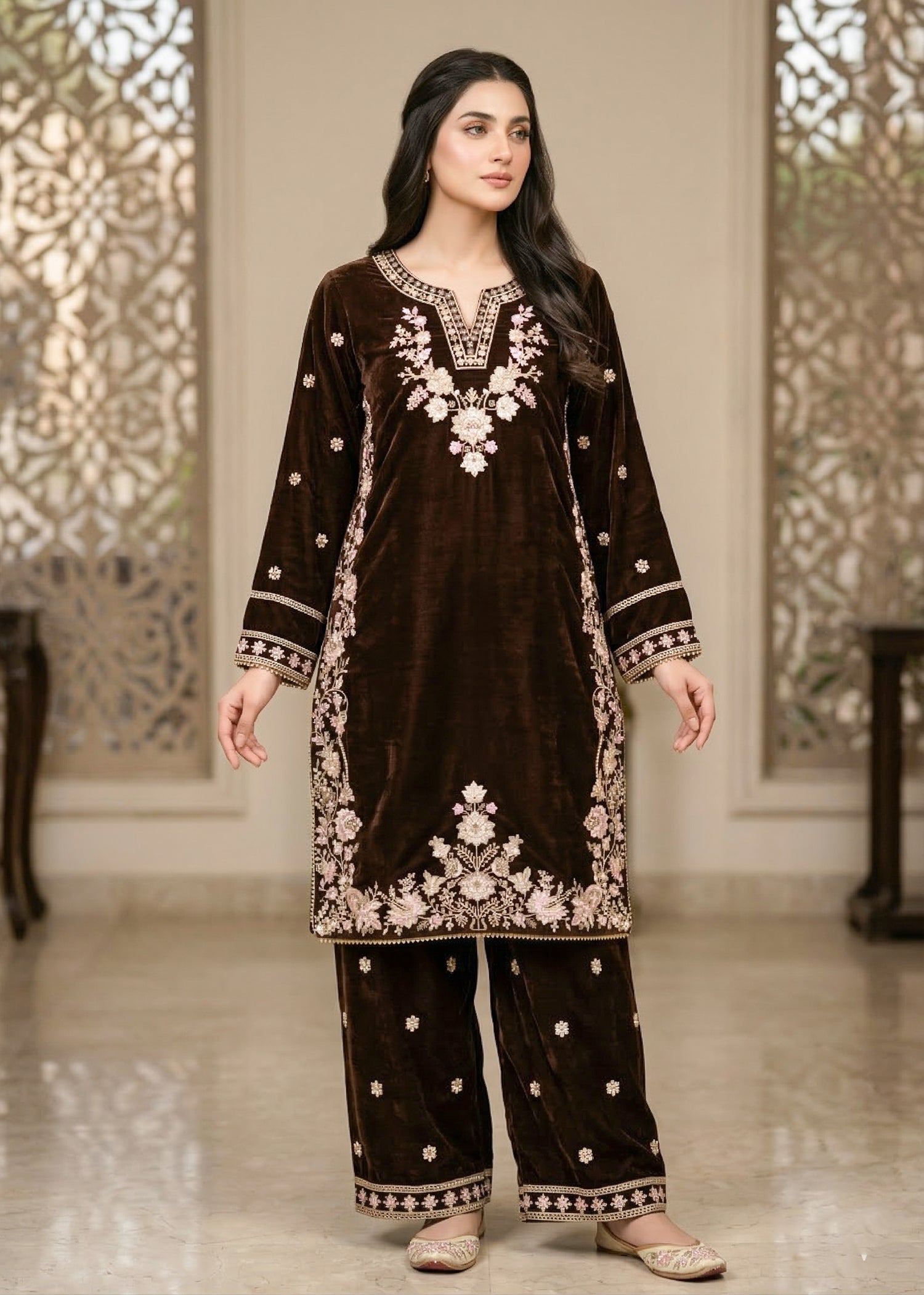 chinese micro velvet 9000 Kurta Set in Walnut brown