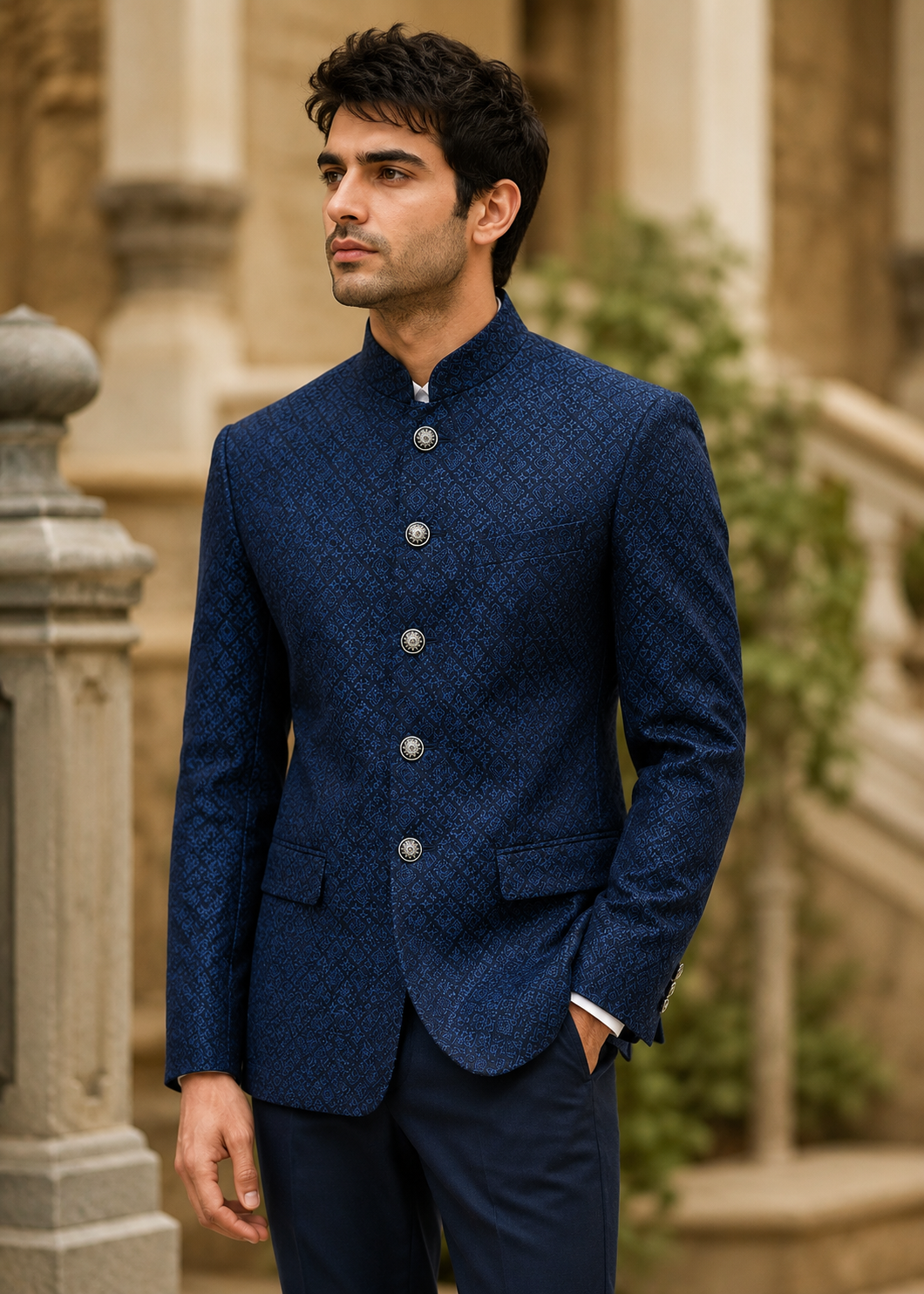 chikankari cotton Prince Coat in Navy blue