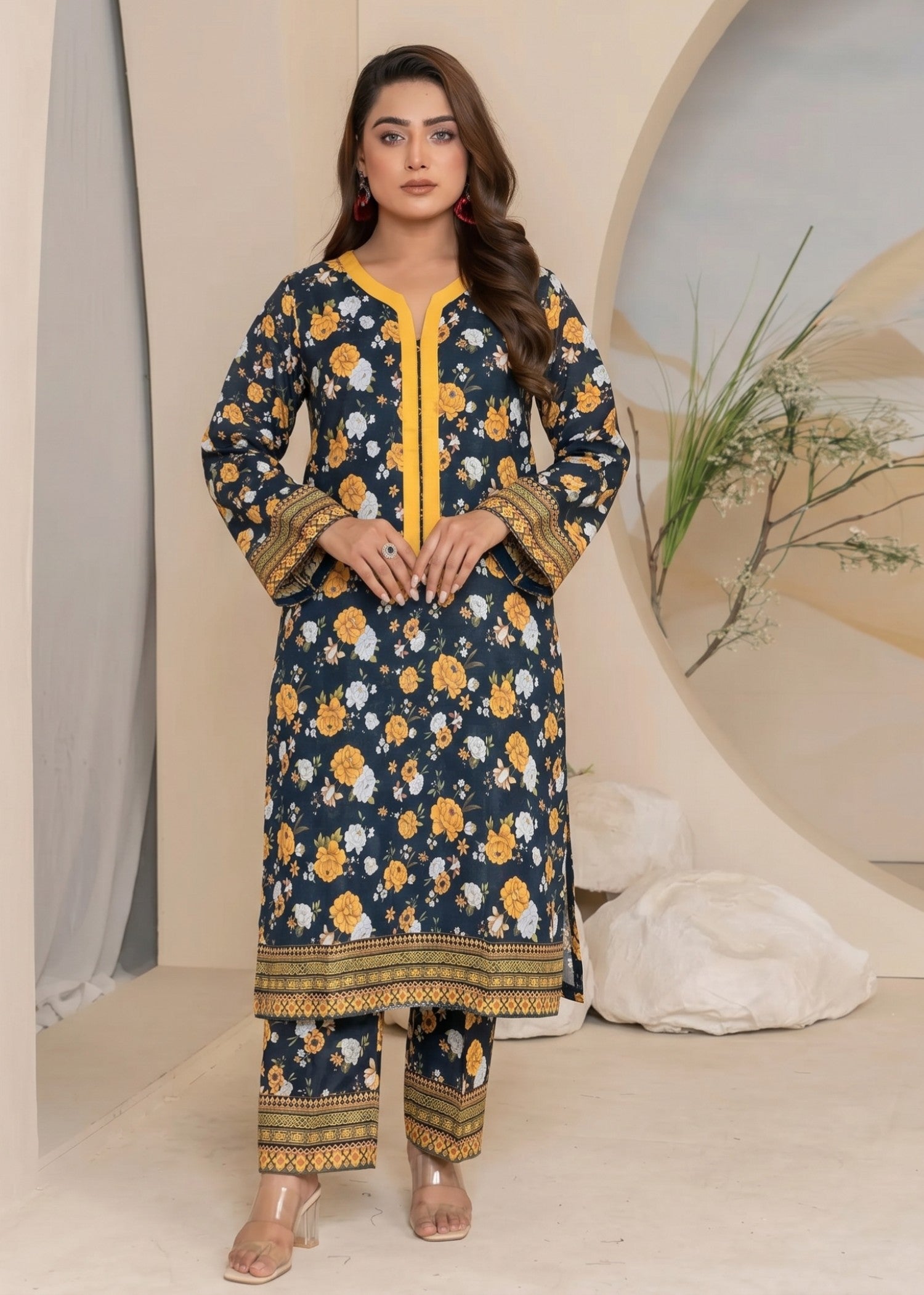 lawn Kurta Set in Prussian blue, banana