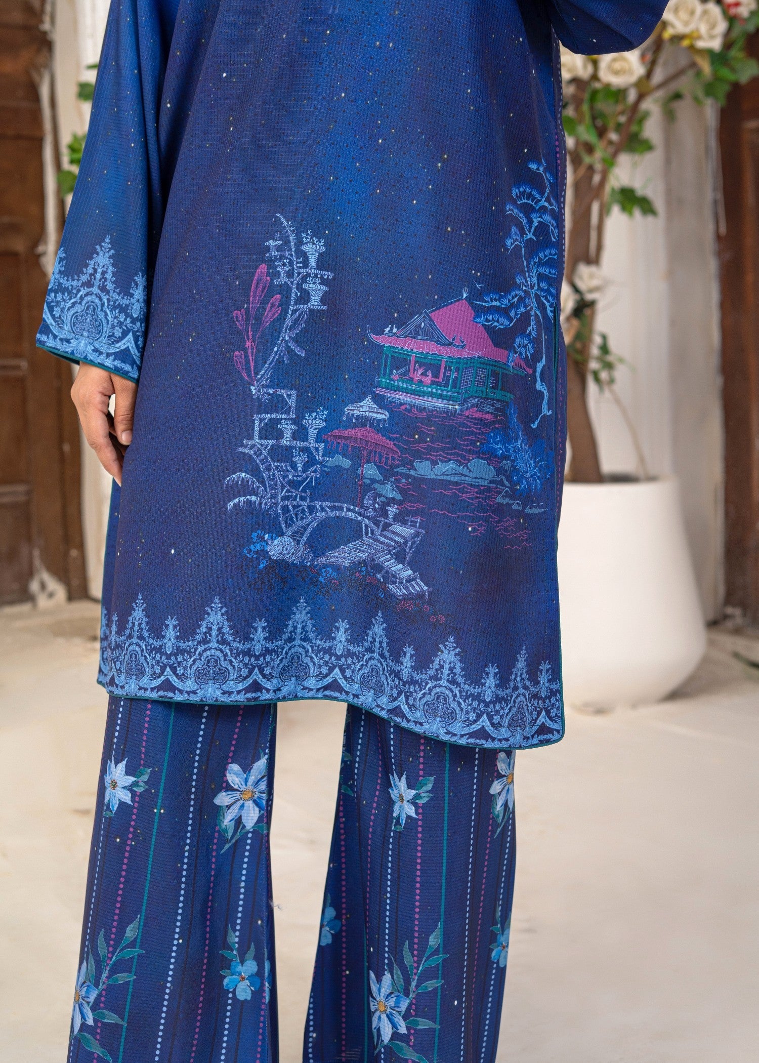 swiss lawn Kurta Set in Blue, dark blue, midnight blue