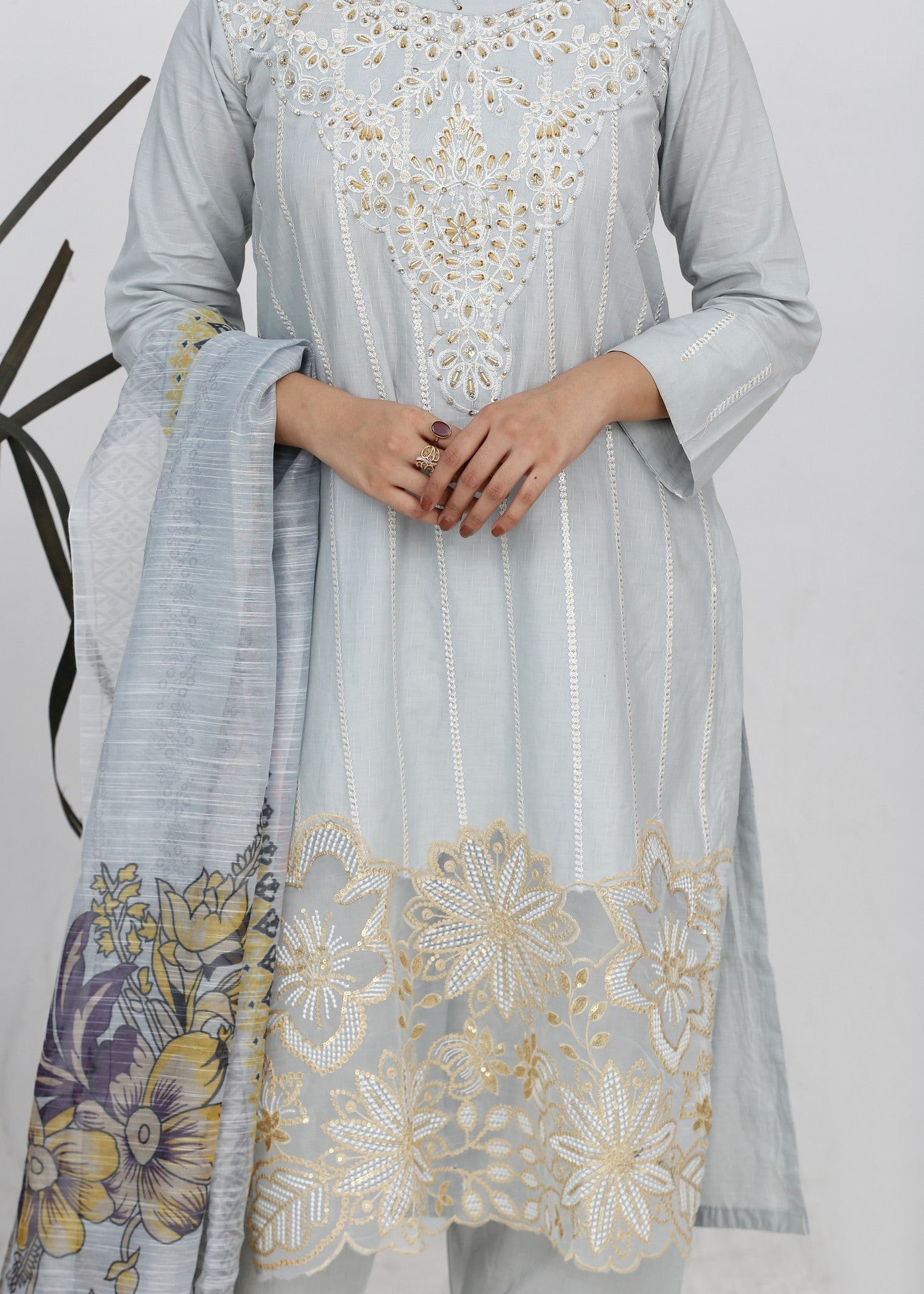 cotton Kurta Set in Light grey