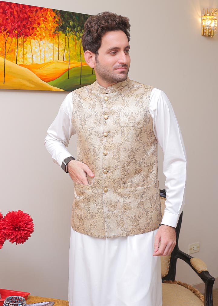 banarsi silk Waistcoat in Beige by Real Image Clothing