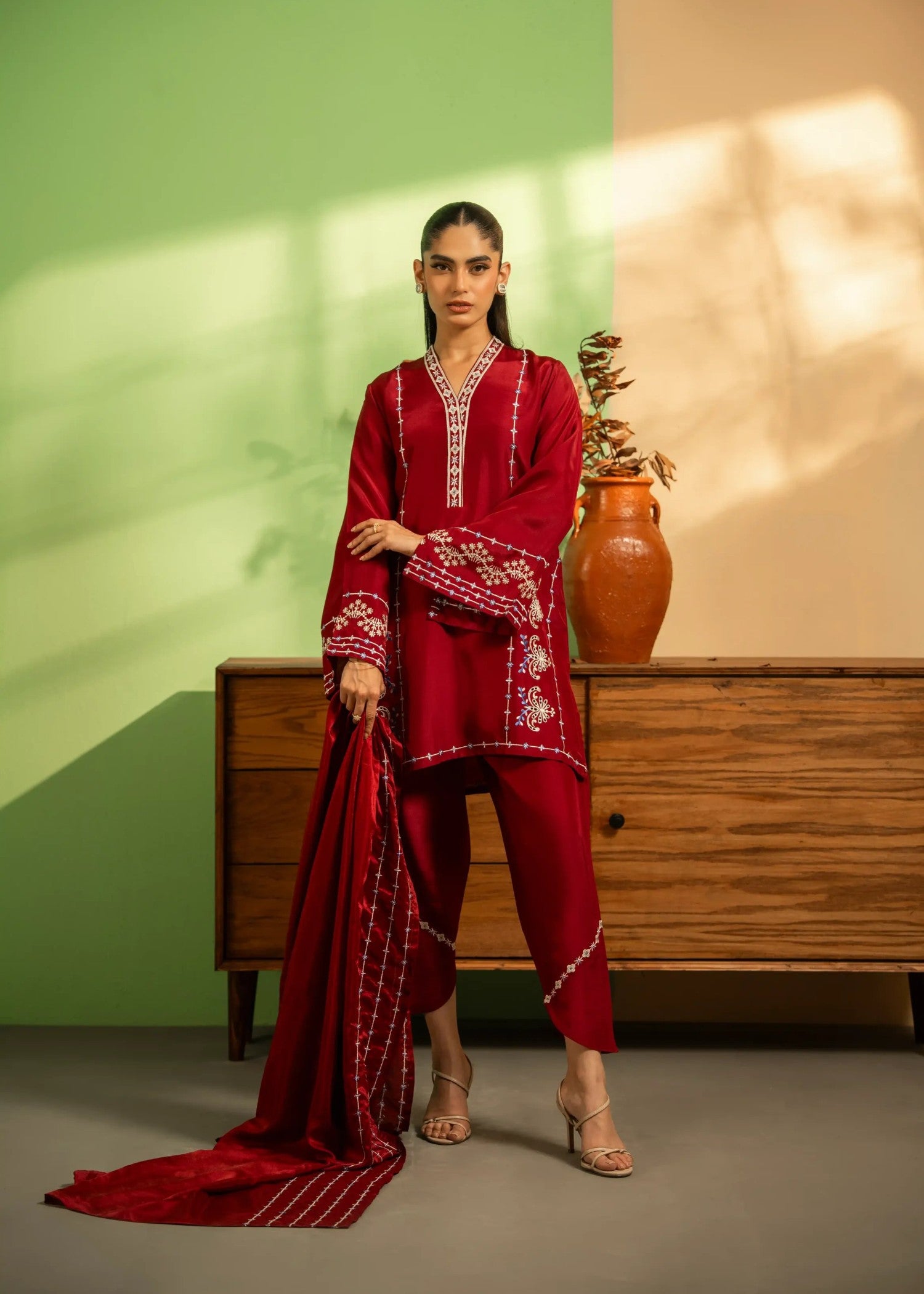 khaddi silk Kurta Set in Crimson
