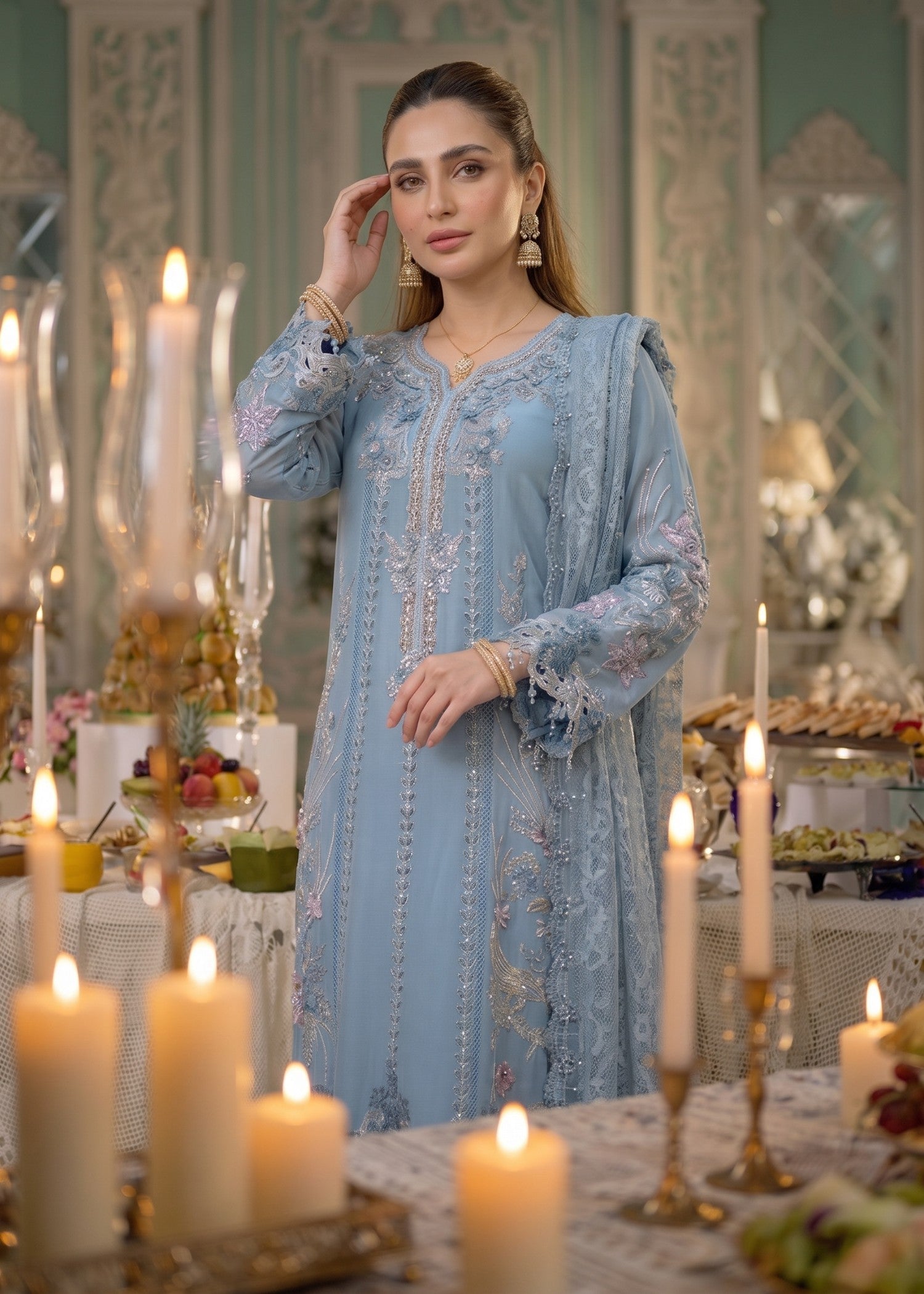 chiffon Kurta Set in Sky