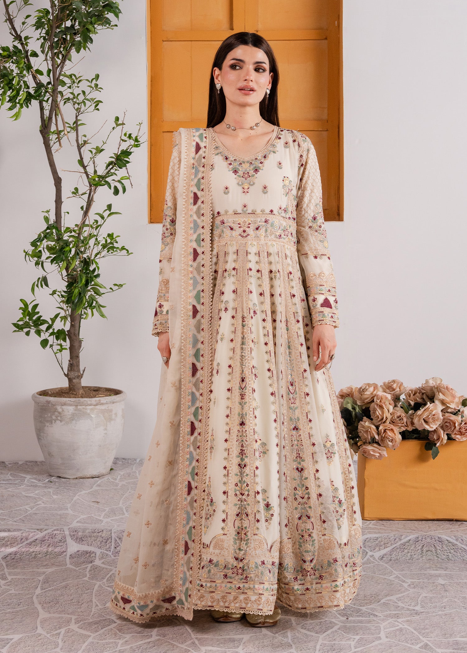 chiffon Anarkali in Off-white