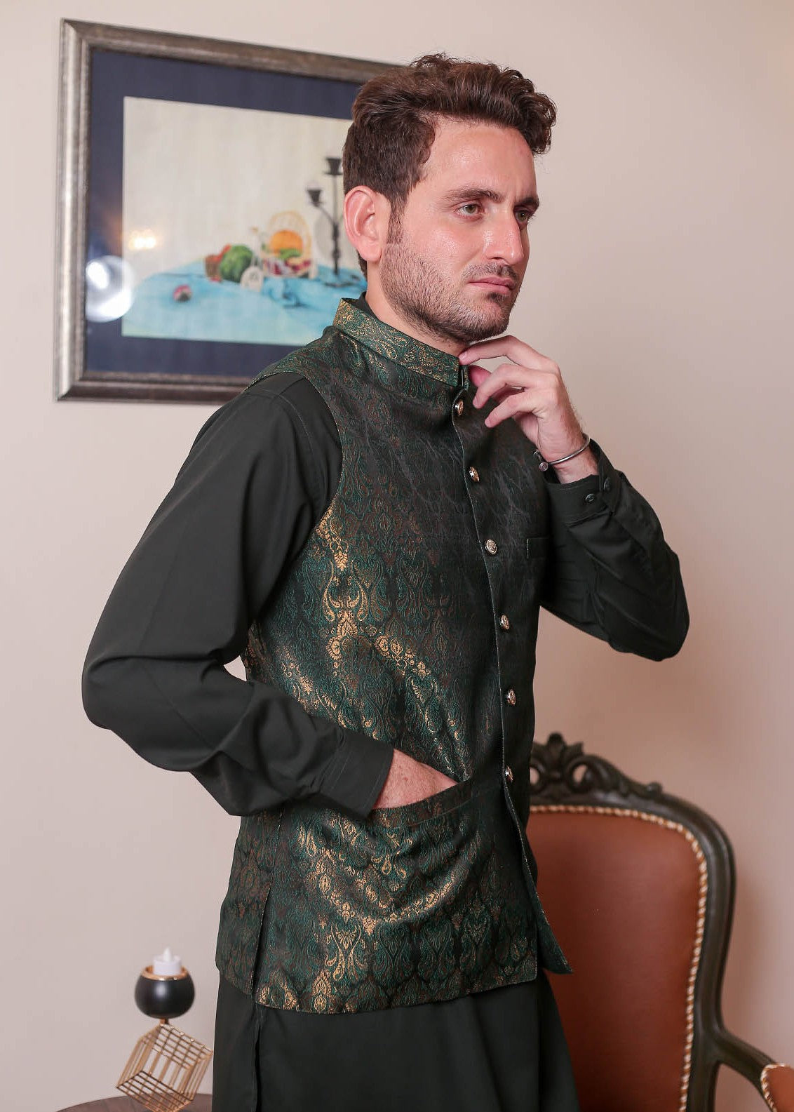 banarsi silk Waistcoat in Dark green