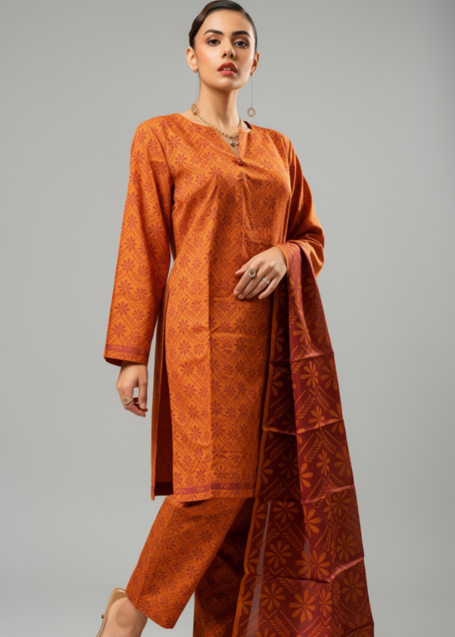 viscose raw silk Kurta Set in Rust orange