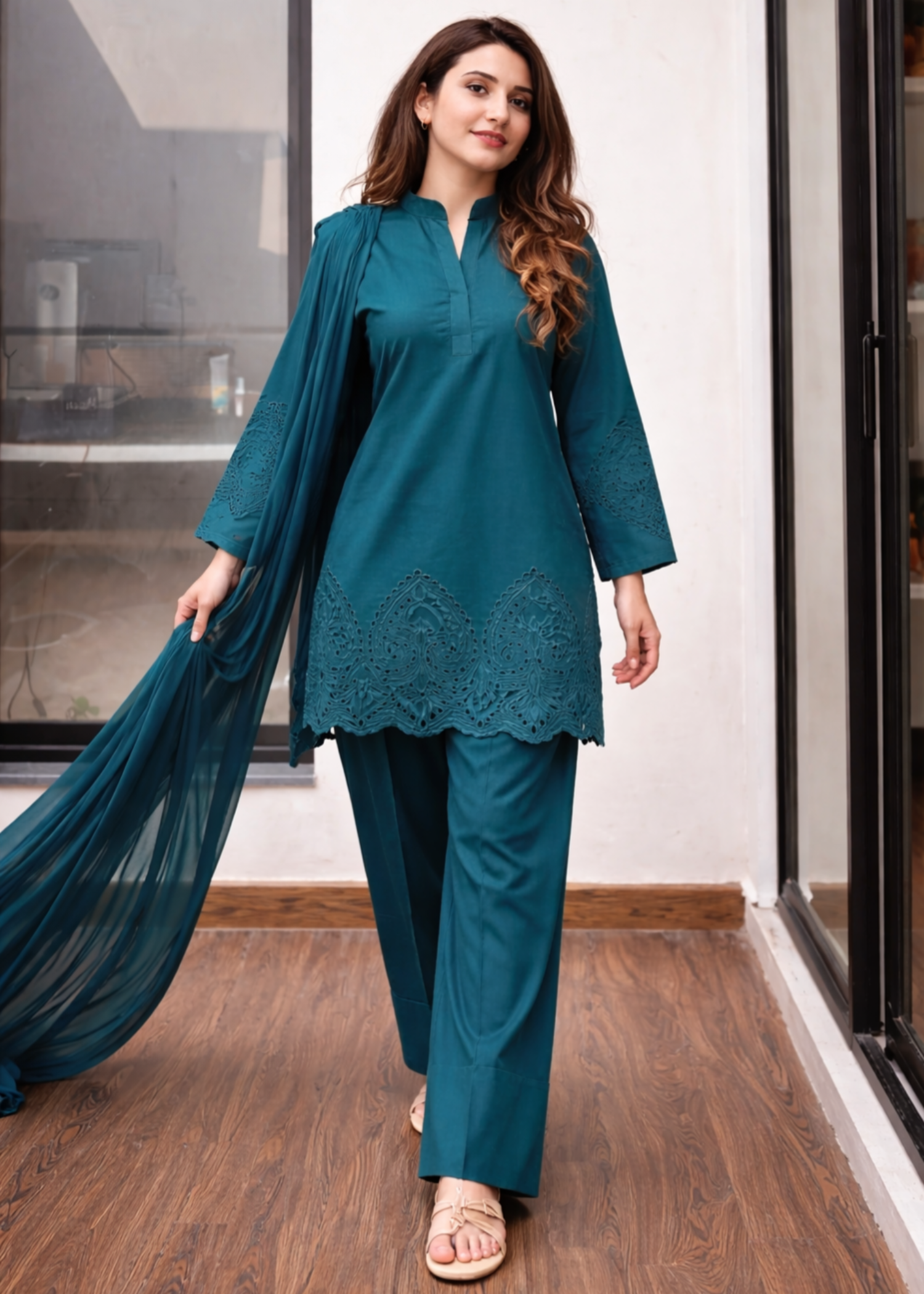 lawn cotton Kurta Set in Teal