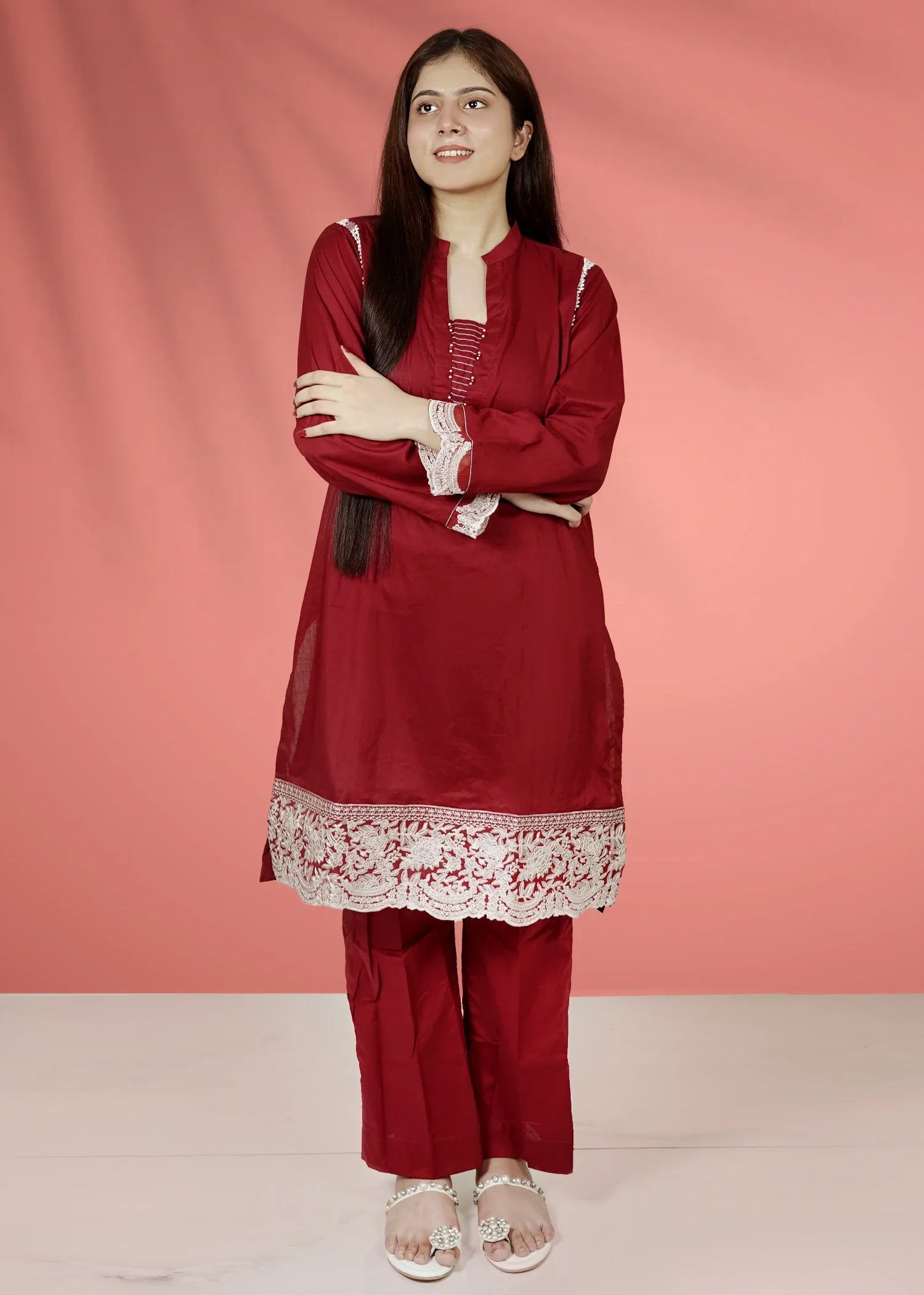 cotton Kurta Set in Cherry red