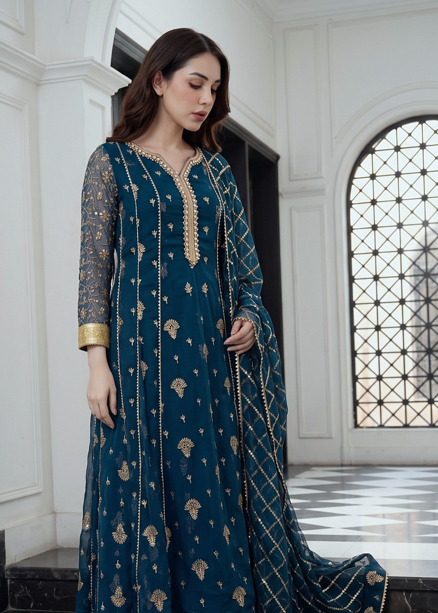 chiffon Anarkali in Prussian blue, twilight blue