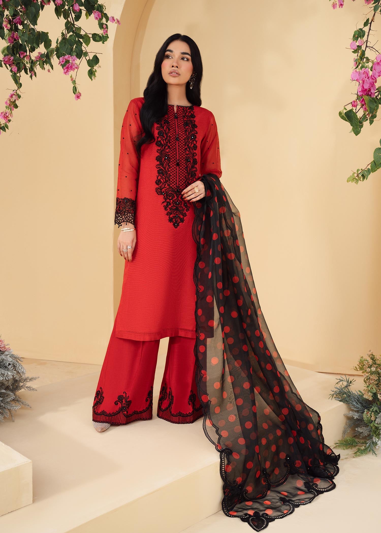 polyester net Kurta Set in Red