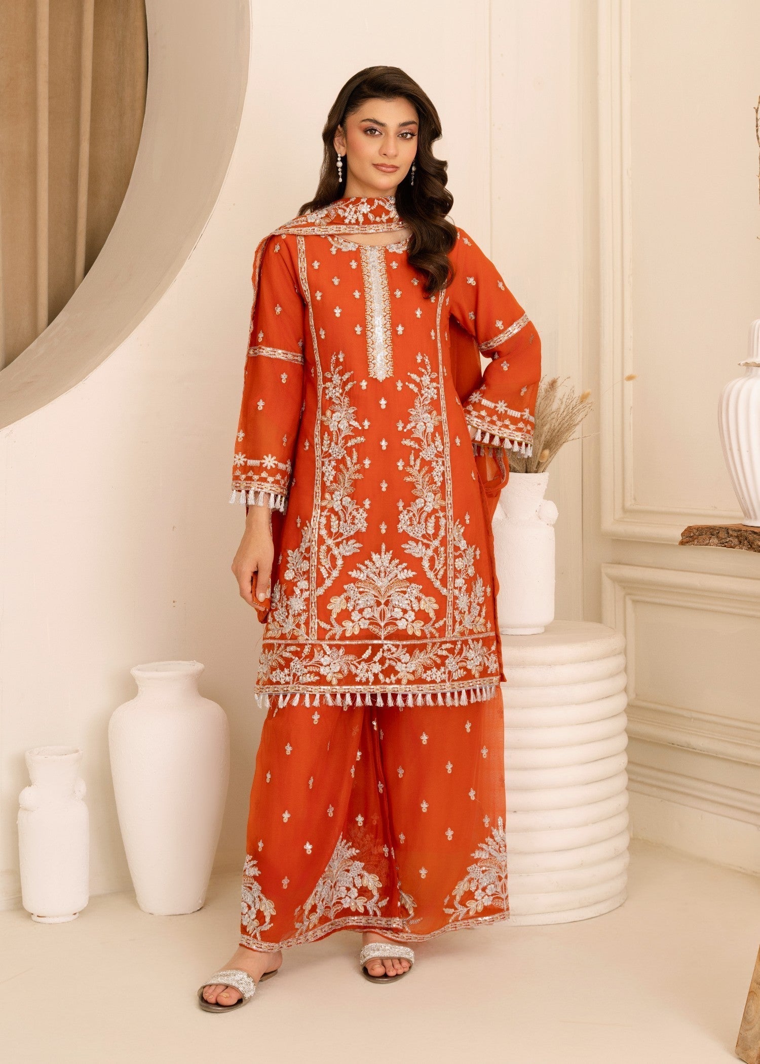 chiffon Kurta Set in Rust orange