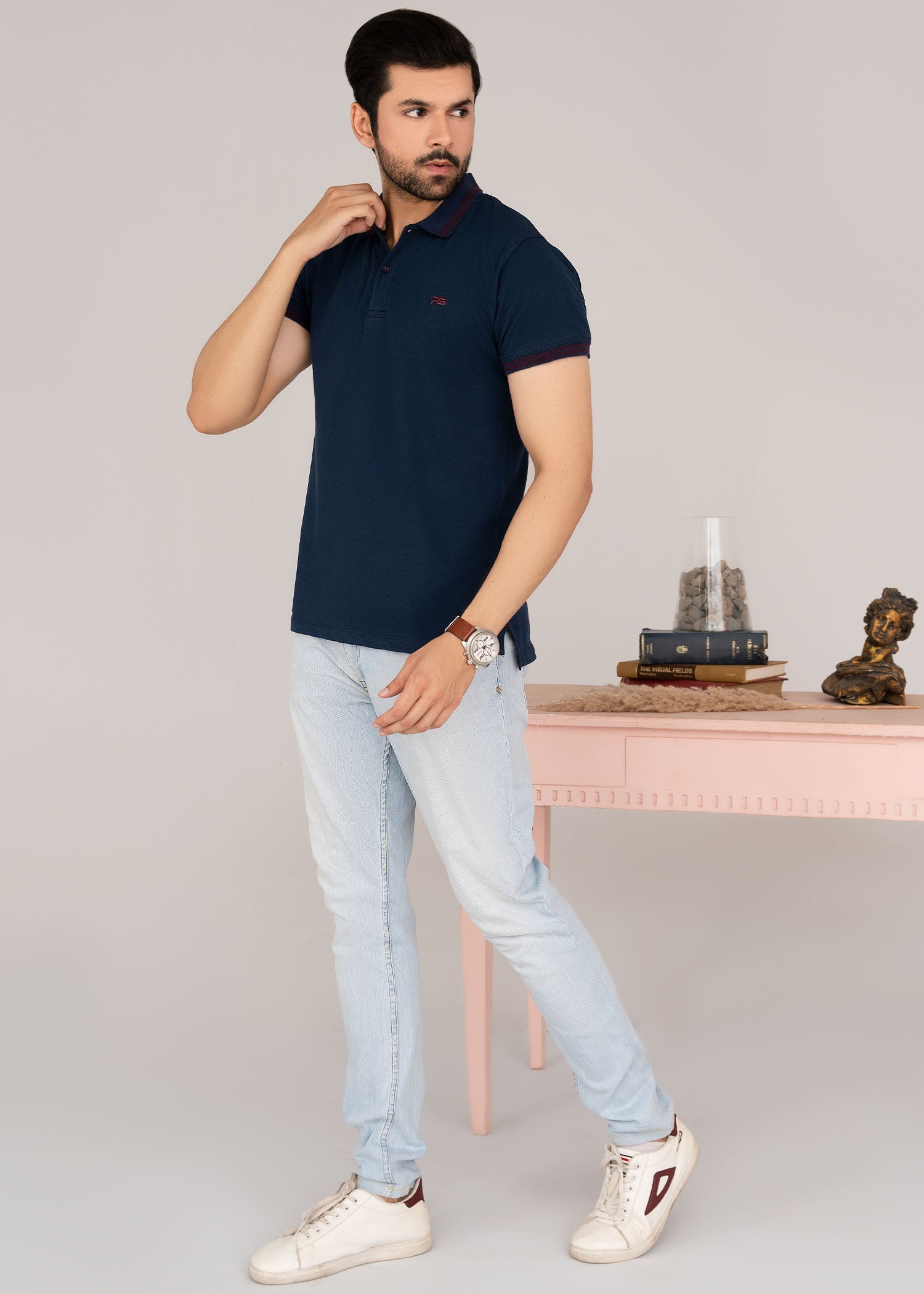 single jersey knit Polo Shirt in Blue by Pinstripe