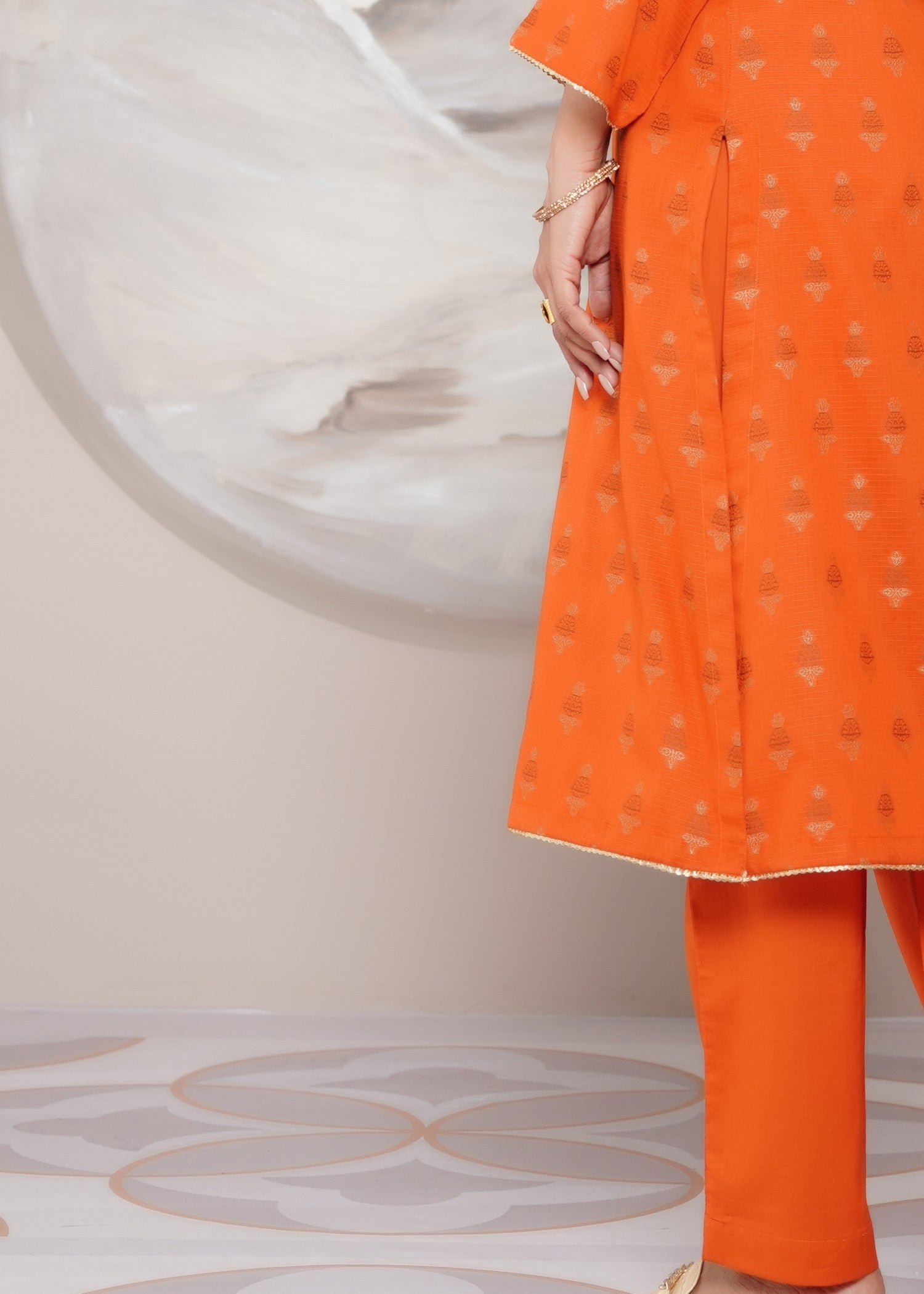 jacquard Kurta Set in Rust orange