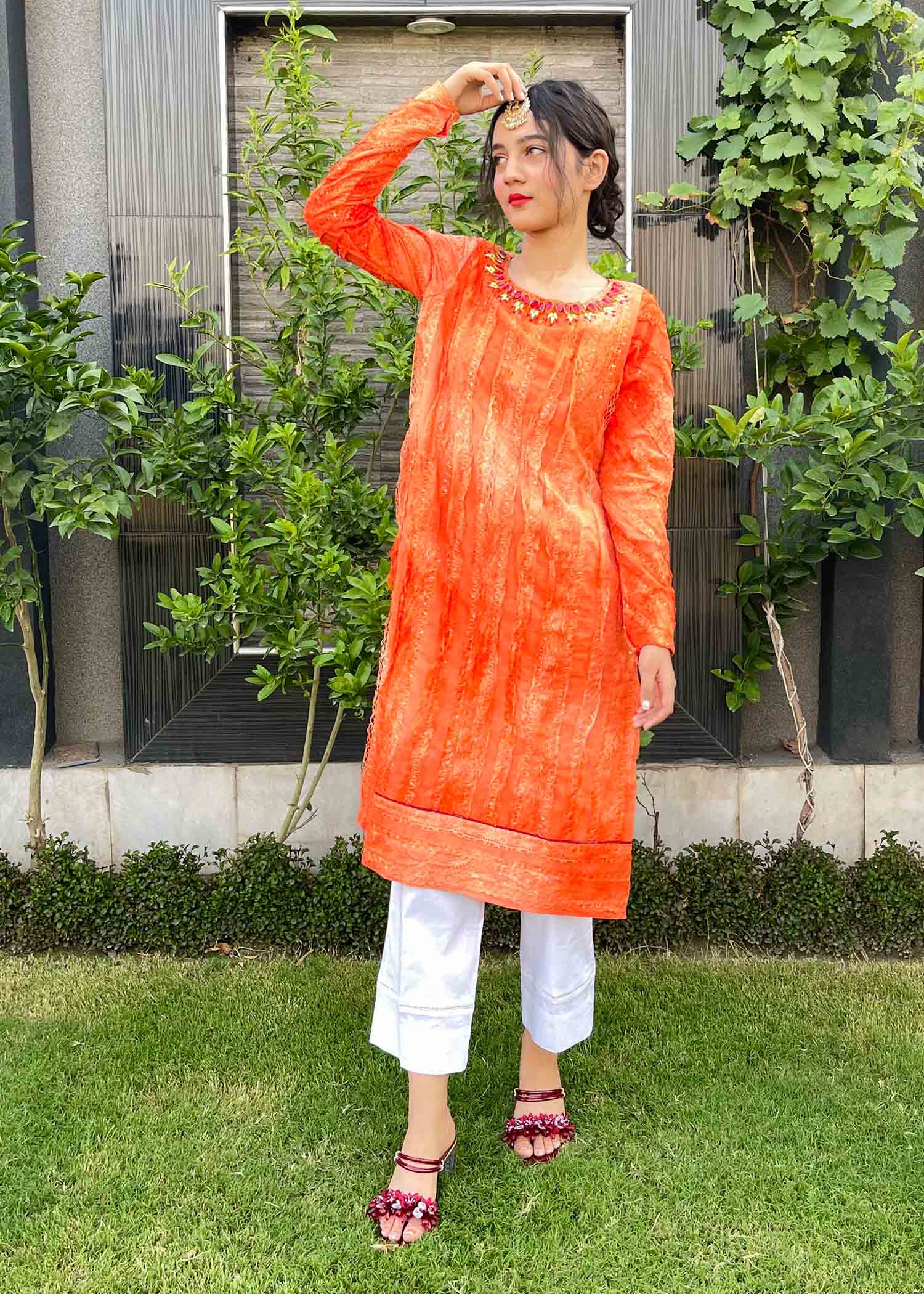 cotton net Kurta Set in Copper orange