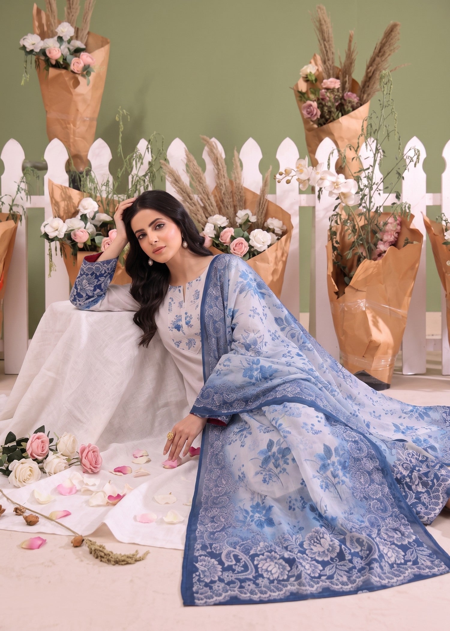 lawn Kurta Set in Periwinkle, steel blue